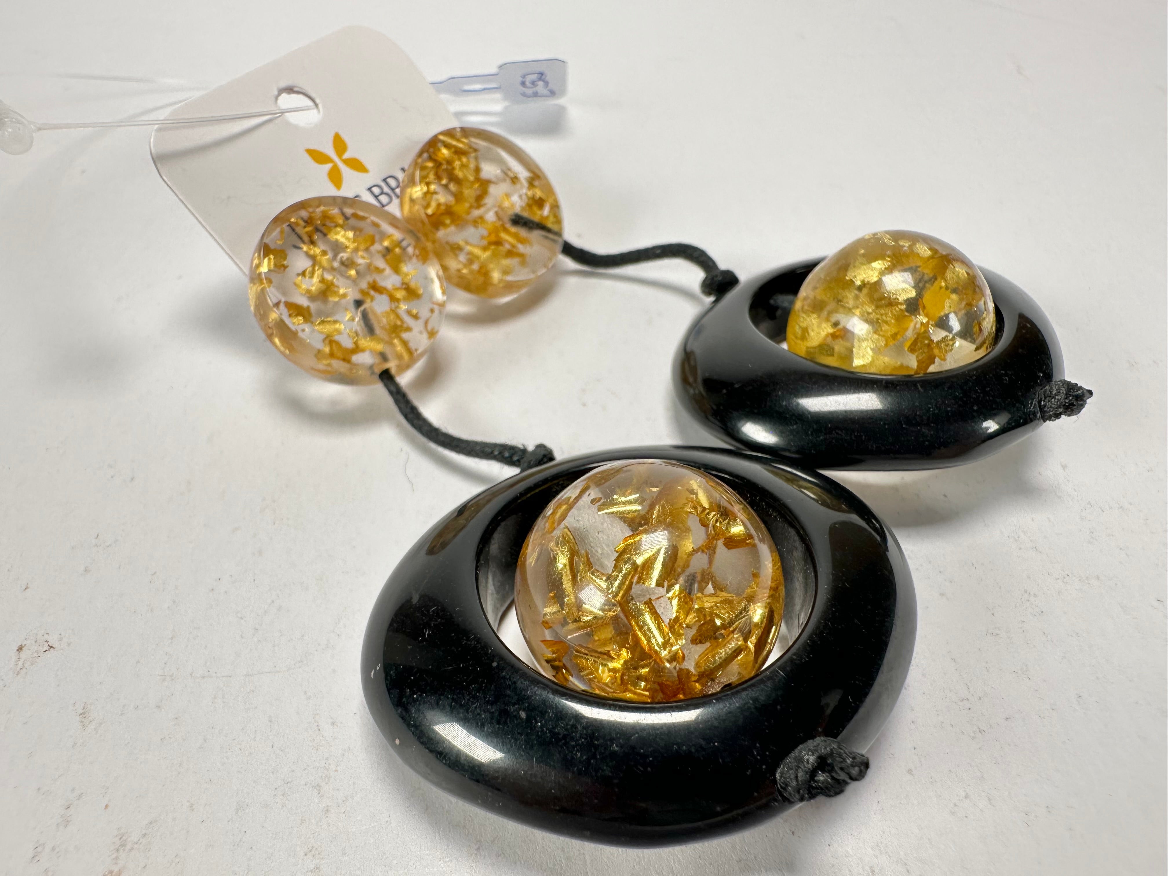 Jackie Brazil "Saturn" Black & Gold Flakes Disk & Ball on Cord Resin Earrings ( E0052 )