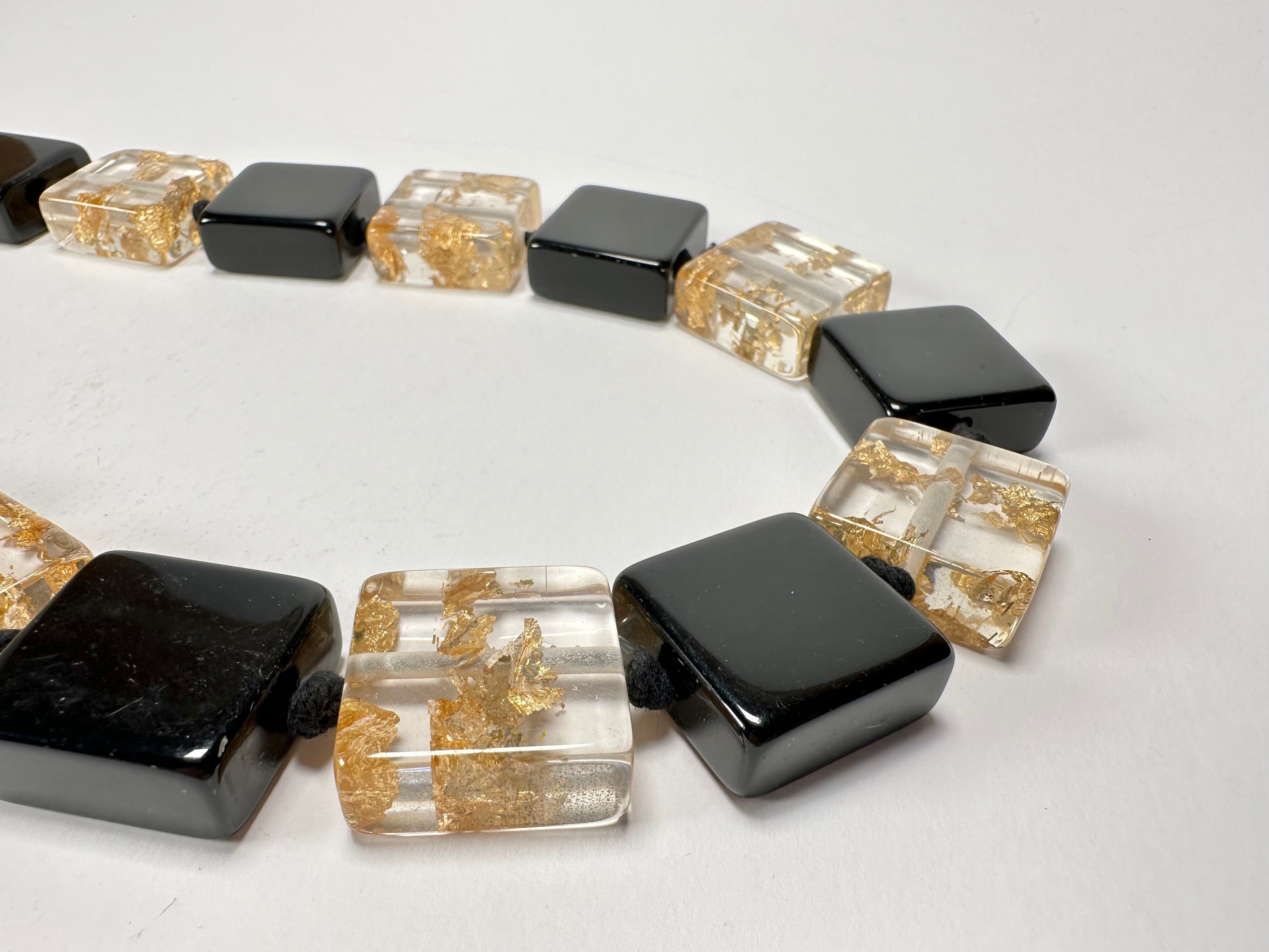 Jackie Brazil "Gala" Black & Gold Flakes Half Rectangles 65cm Necklace ( N0789 )