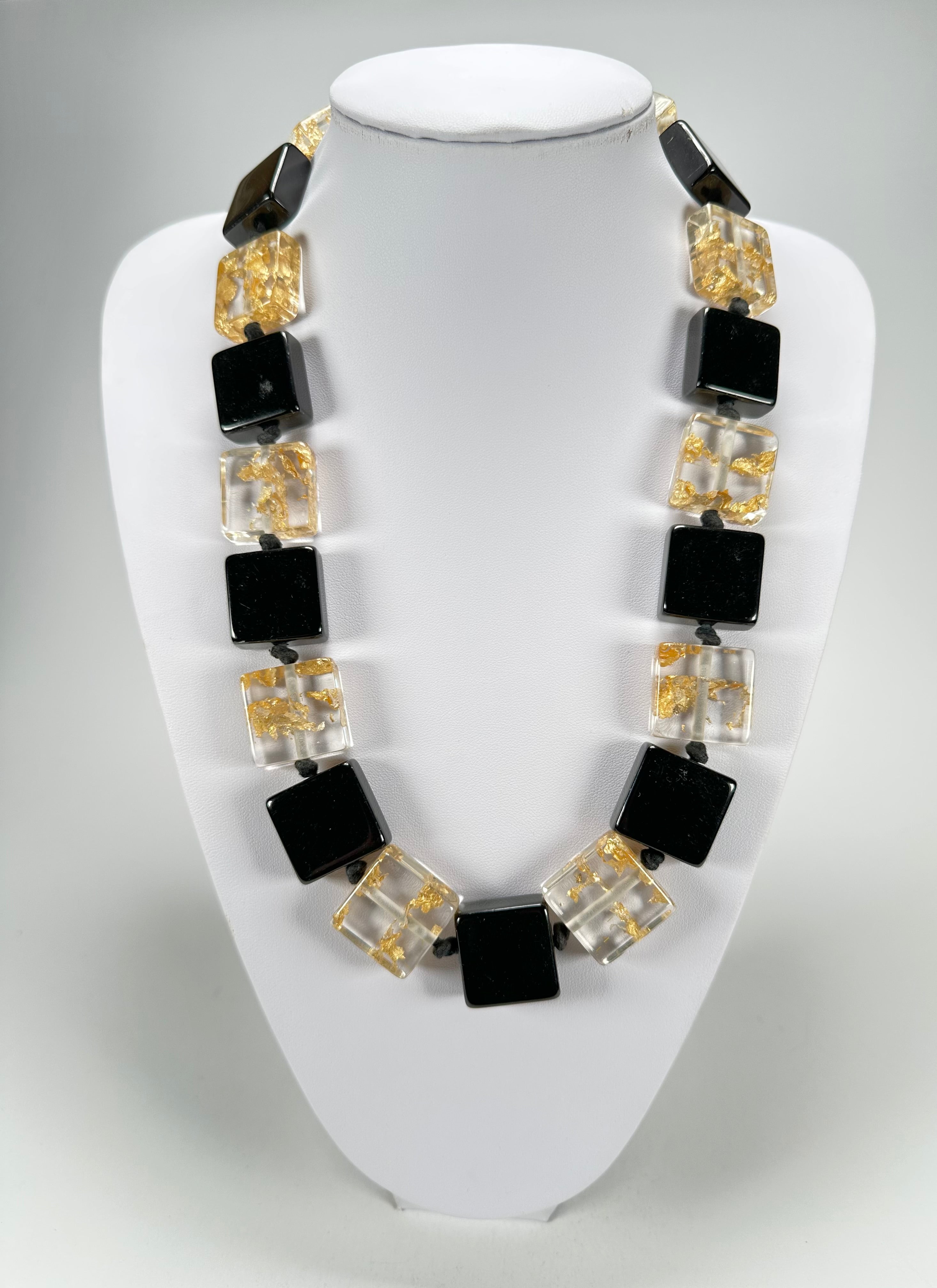 Jackie Brazil "Gala" Black & Gold Flakes Half Rectangles 65cm Necklace ( N0789 )