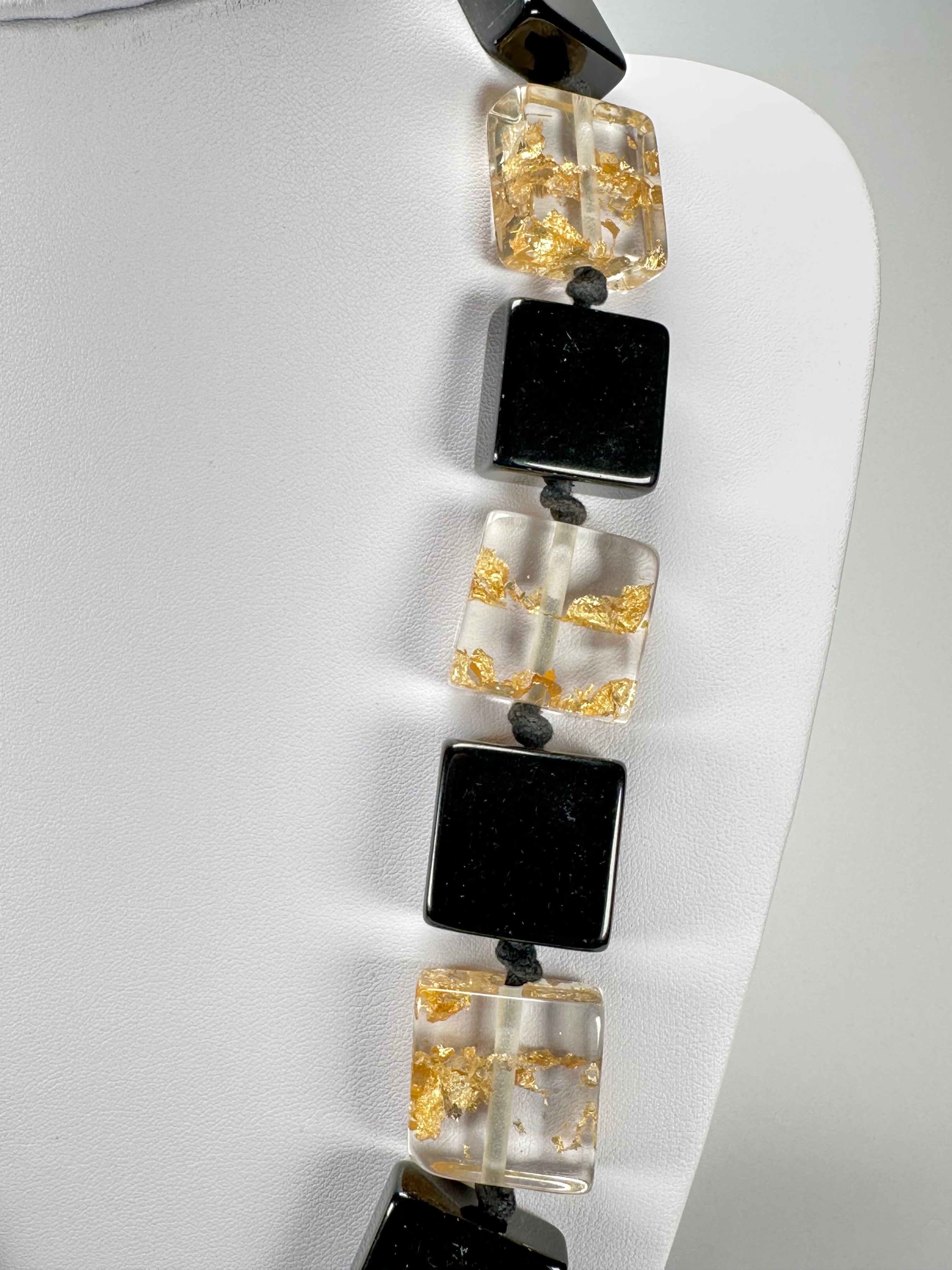 Jackie Brazil "Gala" Black & Gold Flakes Half Rectangles 65cm Necklace ( N0789 )