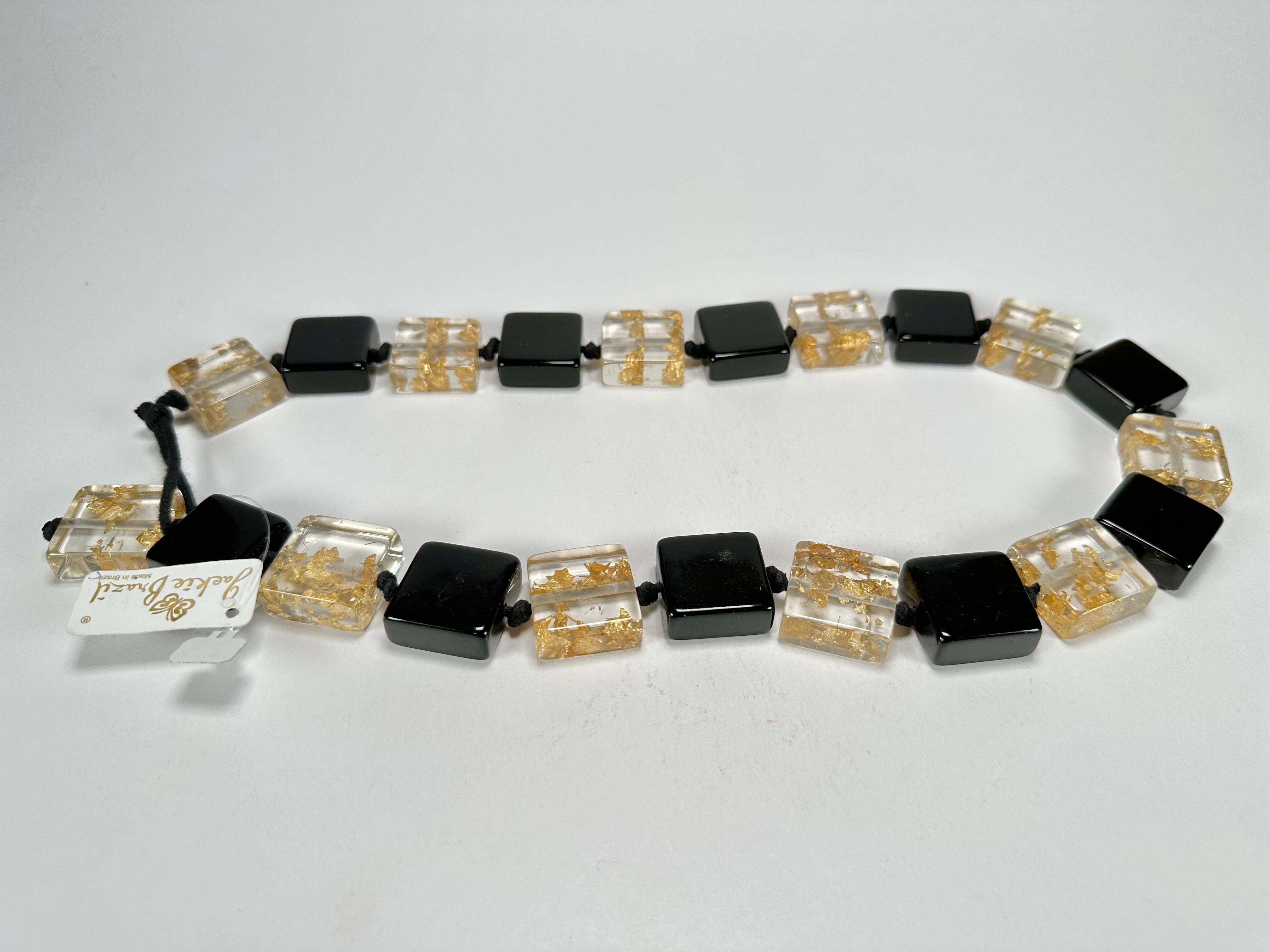 Jackie Brazil "Gala" Black & Gold Flakes Half Rectangles 65cm Necklace ( N0789 )