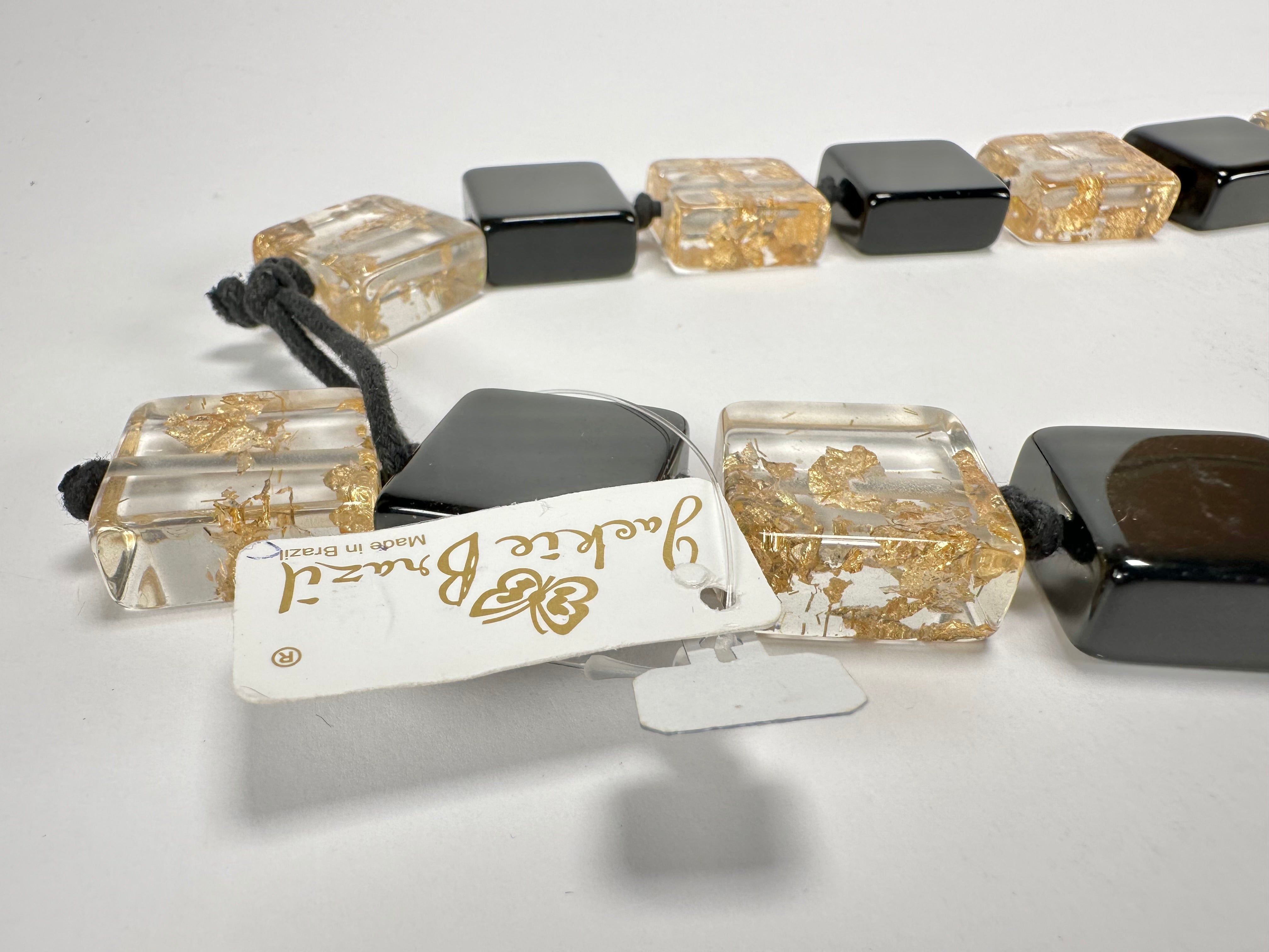 Jackie Brazil "Gala" Black & Gold Flakes Half Rectangles 65cm Necklace ( N0789 )