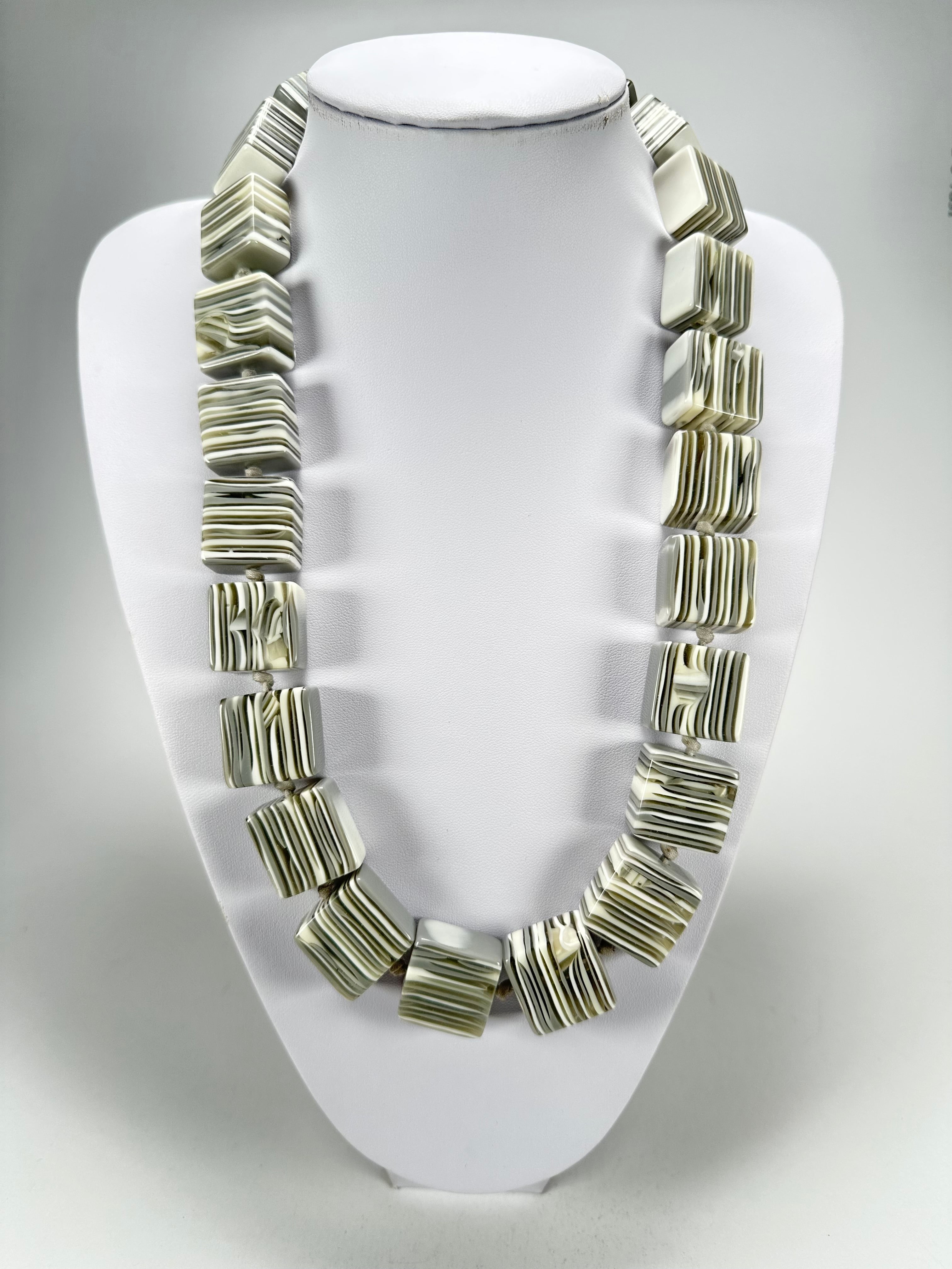 Jackie Brazil "Gala" Liquorice Cream Mix Half Rectangles 65cm Necklace ( N0789 )