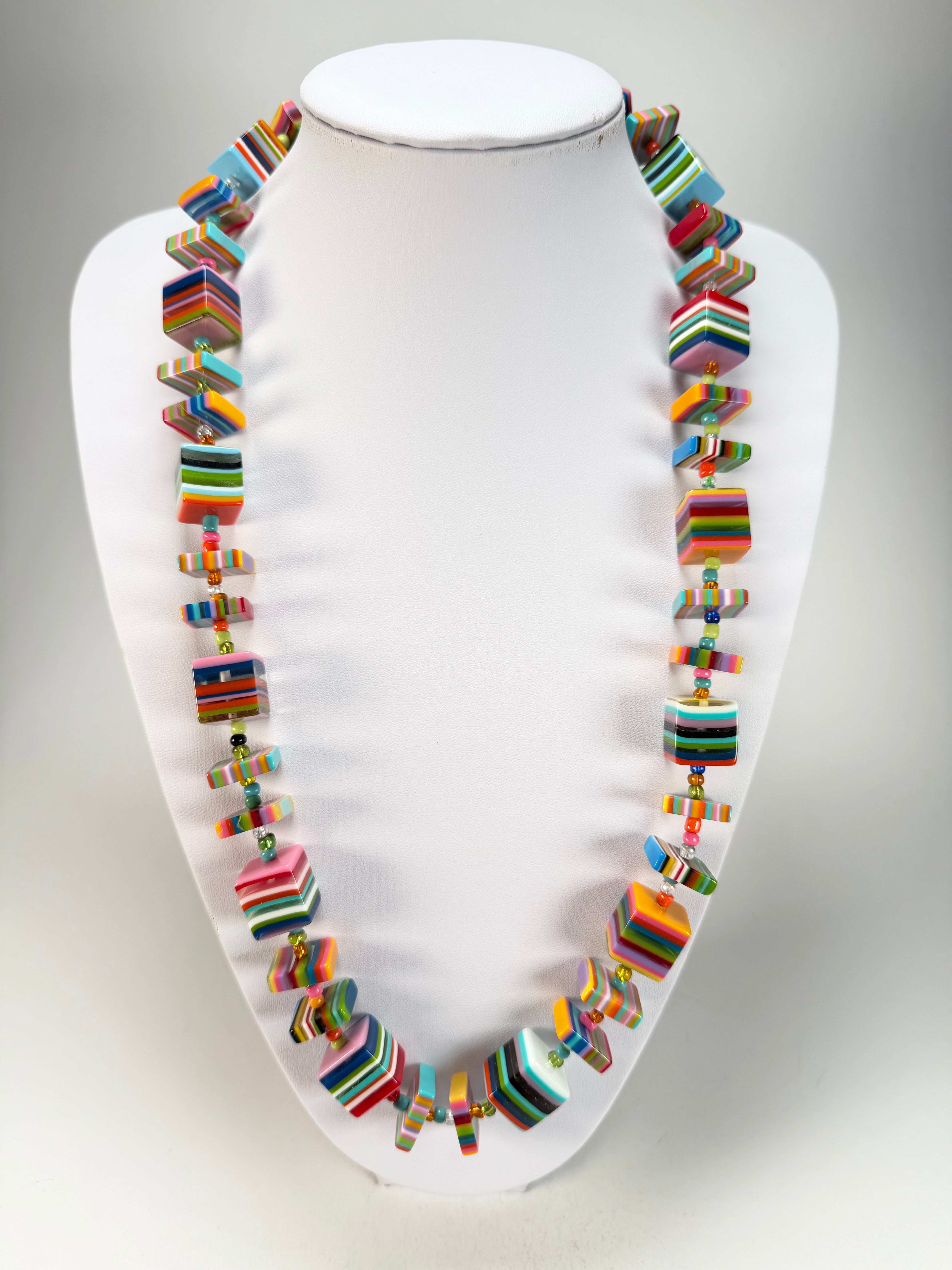 Jackie Brazil "Rome" Liquorice All Sorts Cubes & Squares Mix Colours 75cm Resin Necklace ( N0030 )