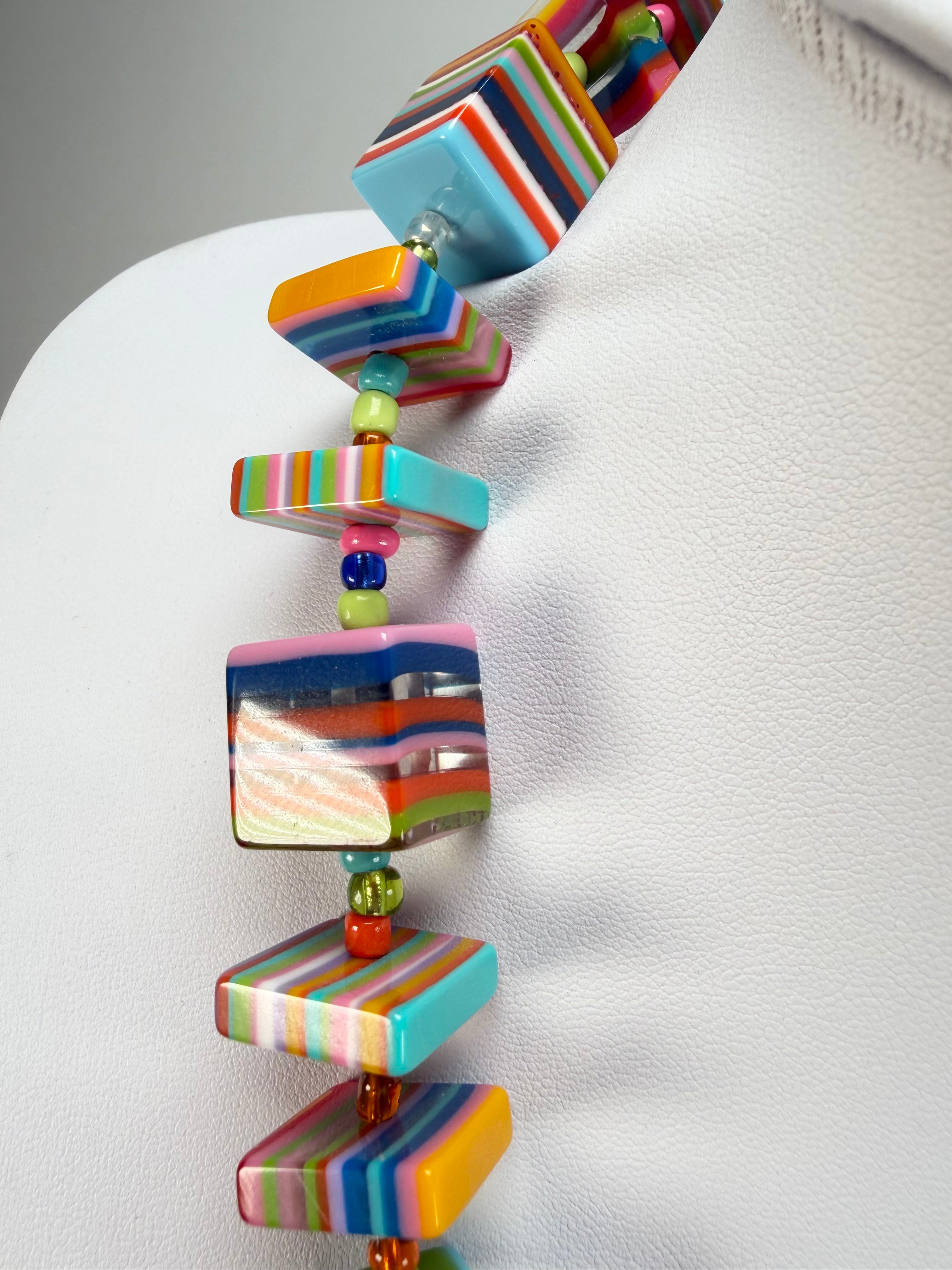 Jackie Brazil "Rome" Liquorice All Sorts Cubes & Squares Mix Colours 75cm Resin Necklace ( N0030 )