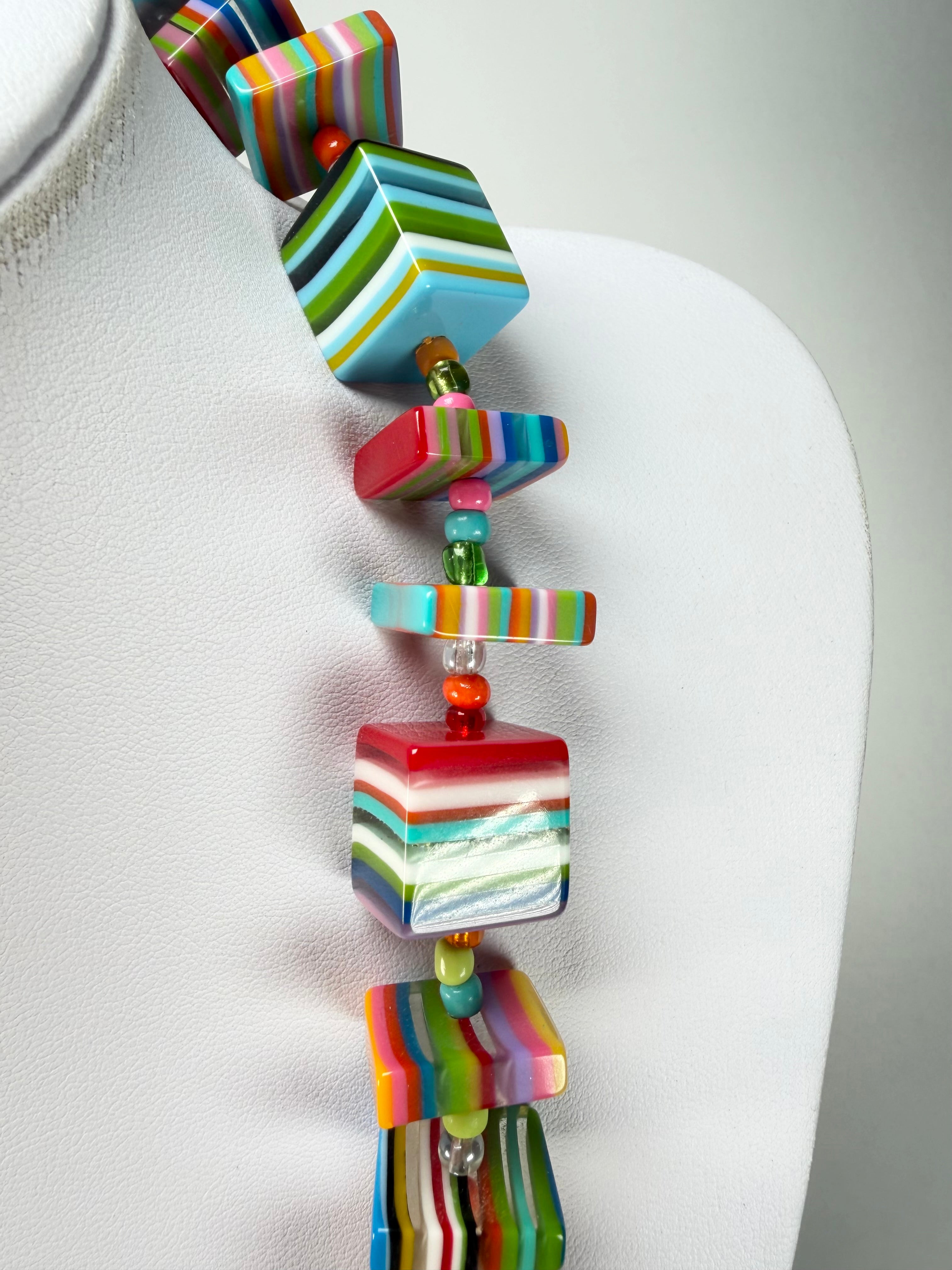 Jackie Brazil "Rome" Liquorice All Sorts Cubes & Squares Mix Colours 75cm Resin Necklace ( N0030 )
