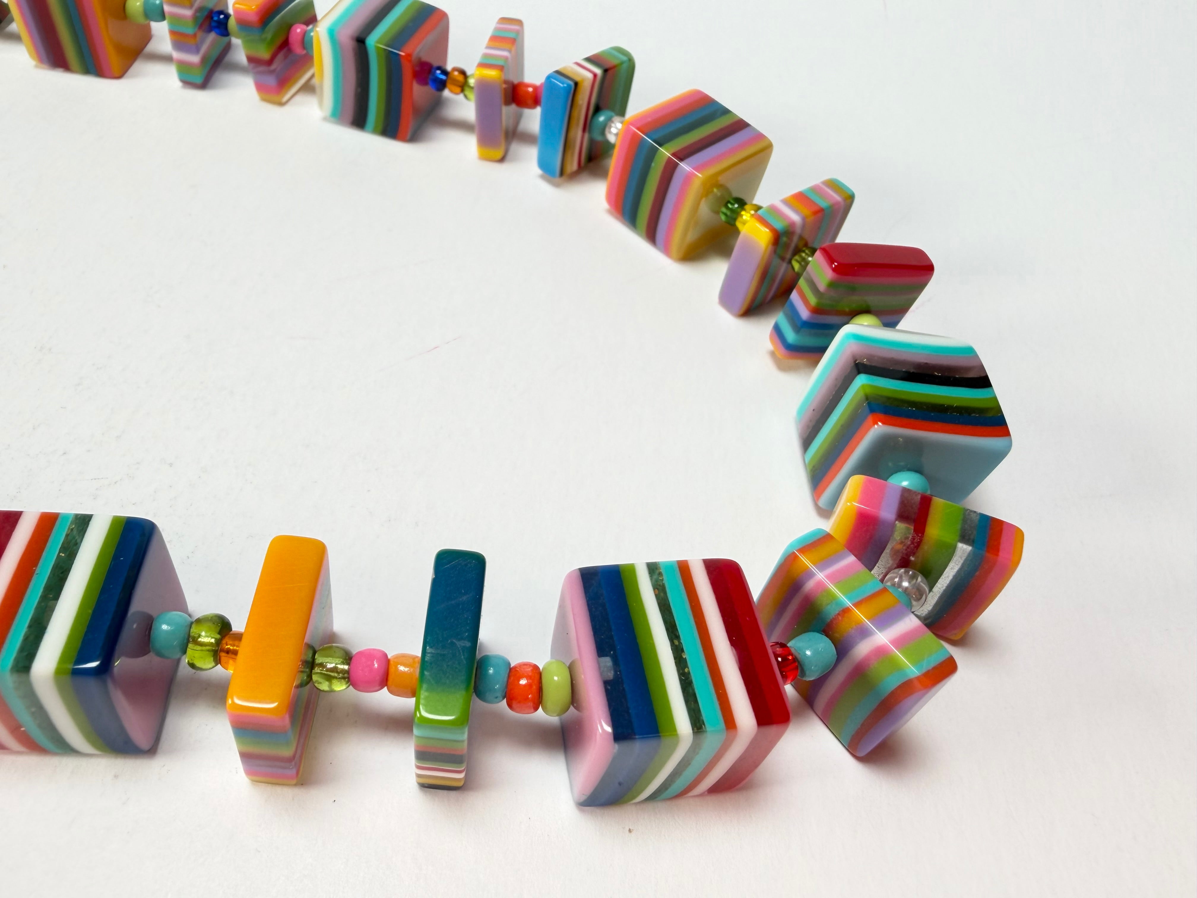 Jackie Brazil "Rome" Liquorice All Sorts Cubes & Squares Mix Colours 75cm Resin Necklace ( N0030 )