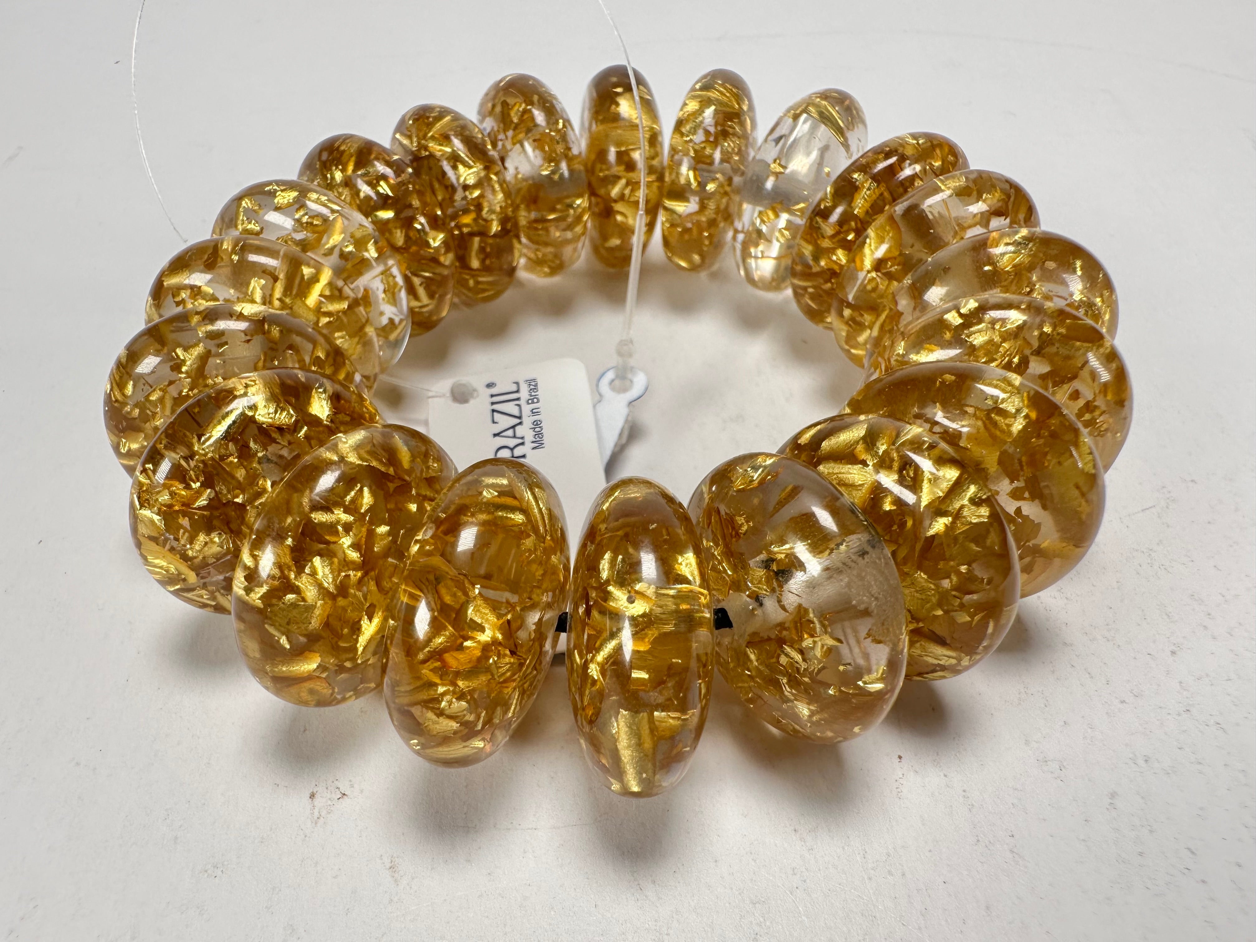 Jackie Brazil "Ana" Gold Flakes Elasticated Wheels Resin Bracelet ( B0910 )