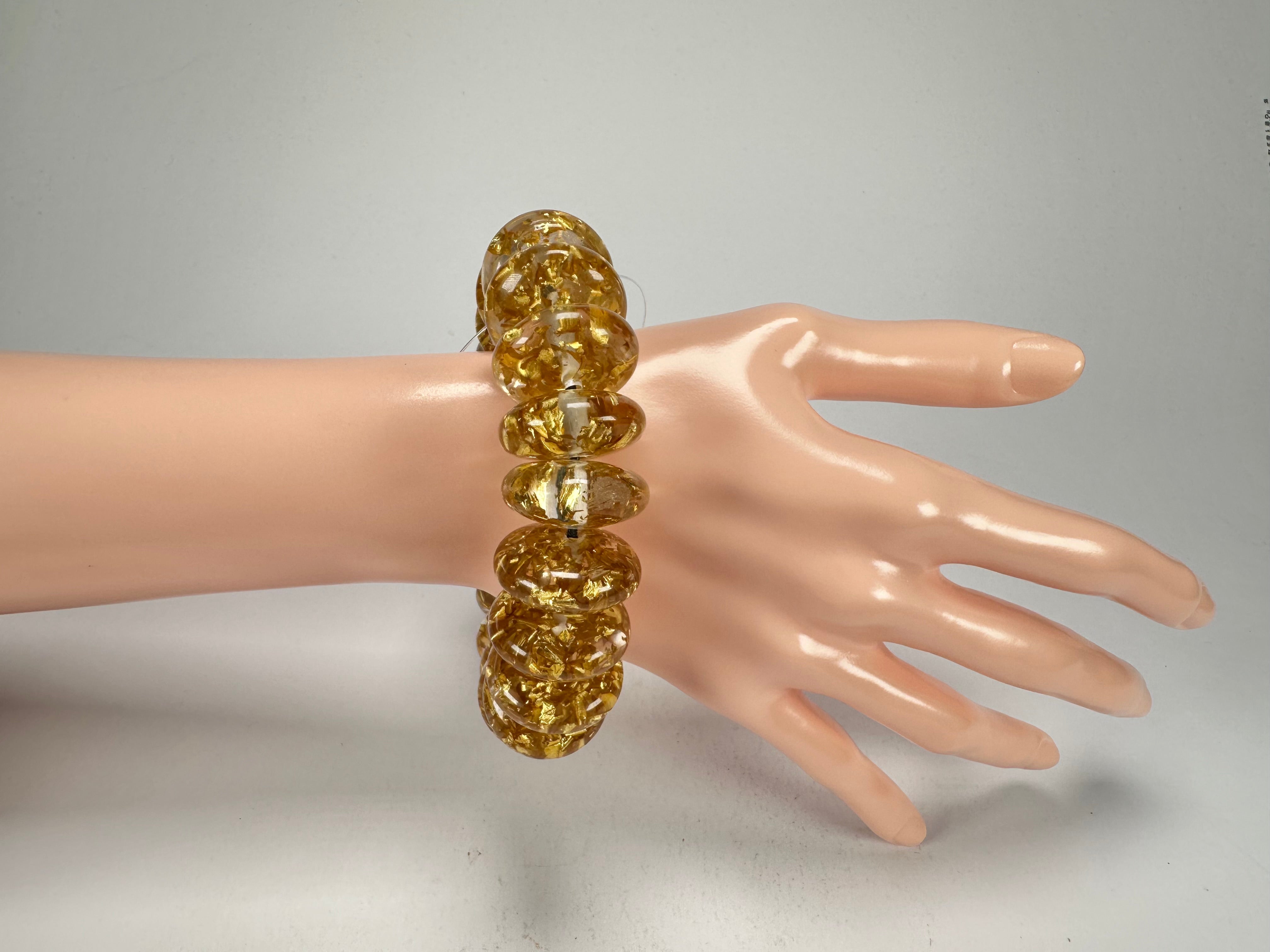 Jackie Brazil "Ana" Gold Flakes Elasticated Wheels Resin Bracelet ( B0910 )