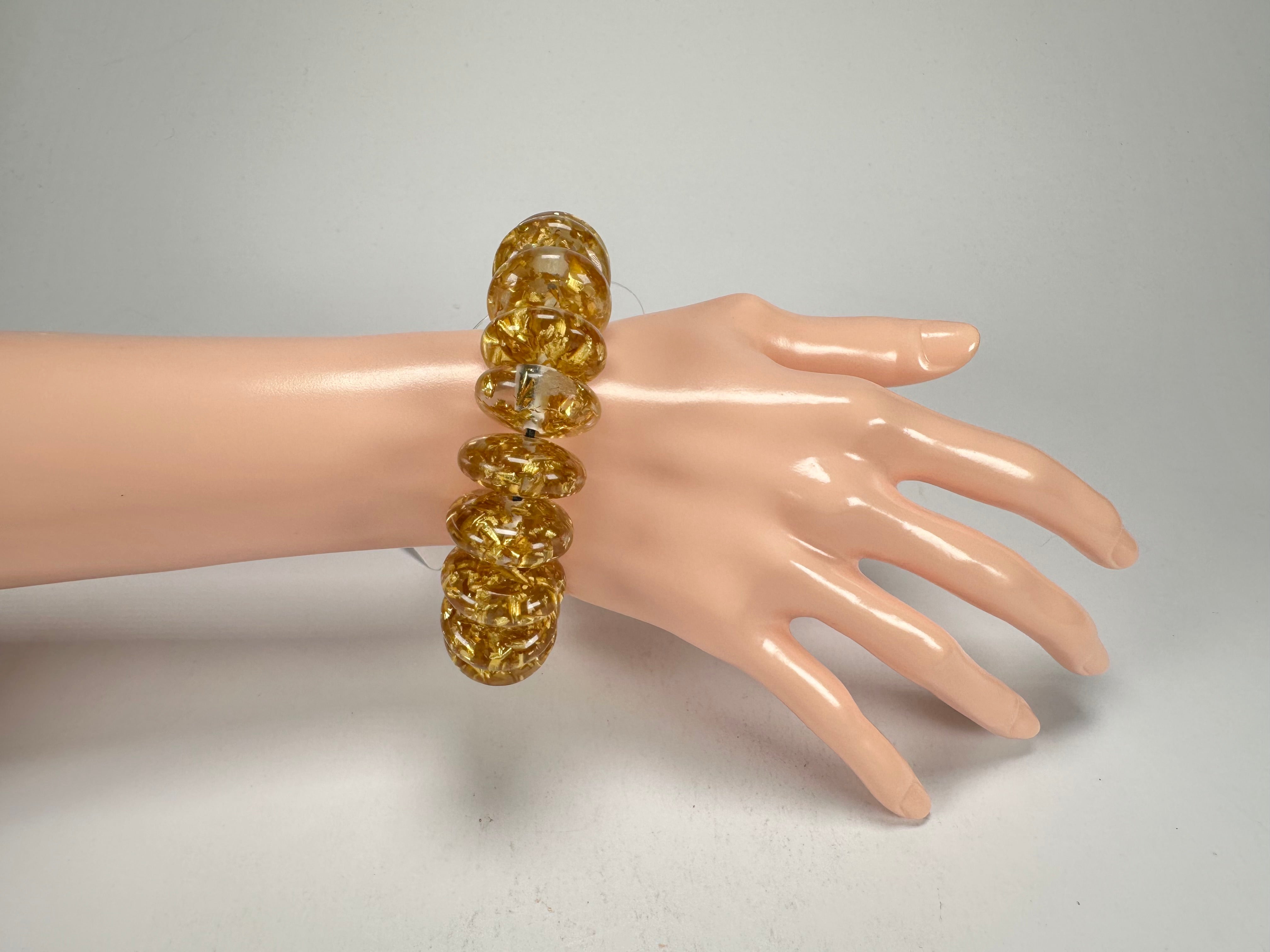 Jackie Brazil "Ana" Gold Flakes Elasticated Wheels Resin Bracelet ( B0910 )