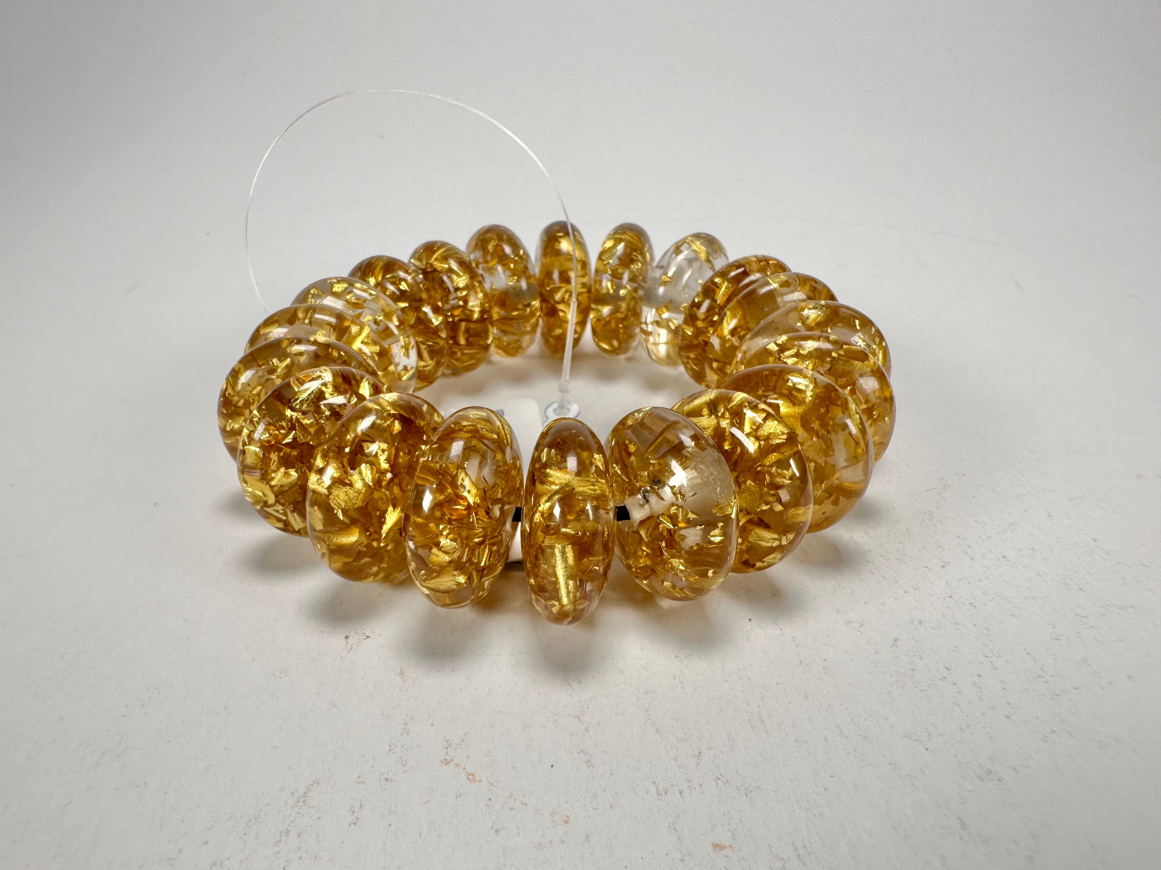 Jackie Brazil "Ana" Gold Flakes Elasticated Wheels Resin Bracelet ( B0910 )