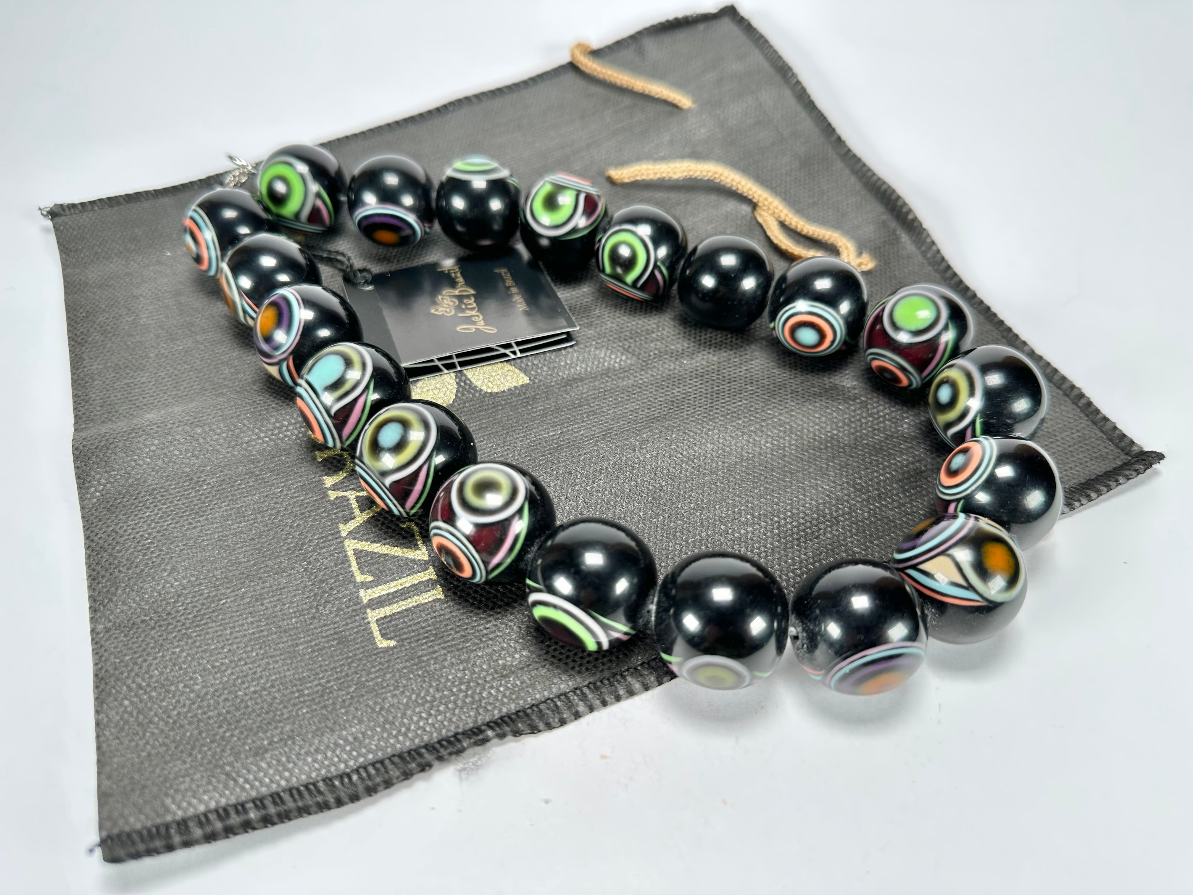 Jackie Brazil "Darning" Black Swirls Balls With Cat Eyes Choker Resin Necklace ( N3200 )