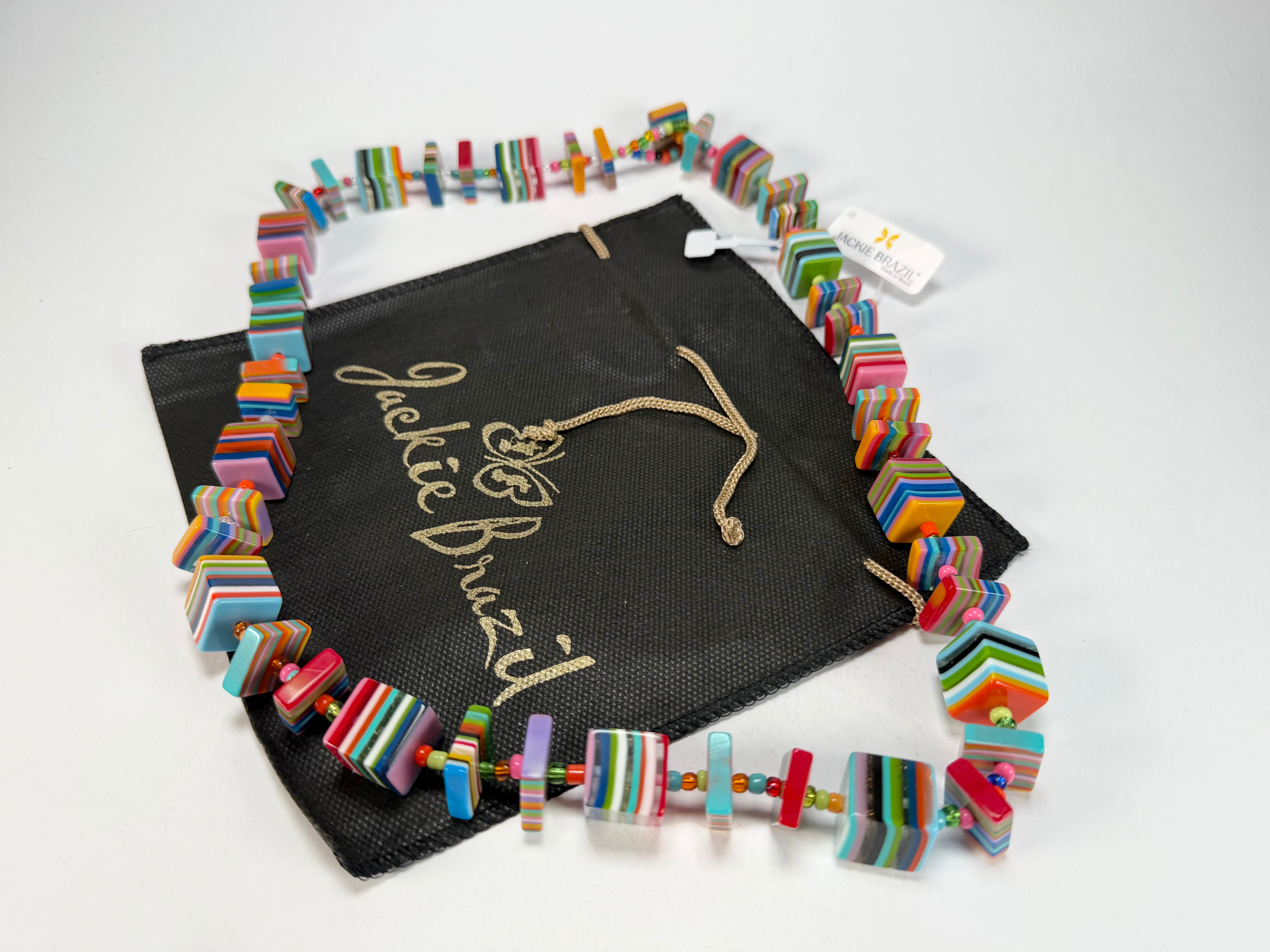 Jackie Brazil "Rome" Liquorice All Sorts Cubes & Squares Mix Colours 75cm Resin Necklace ( N0030 )