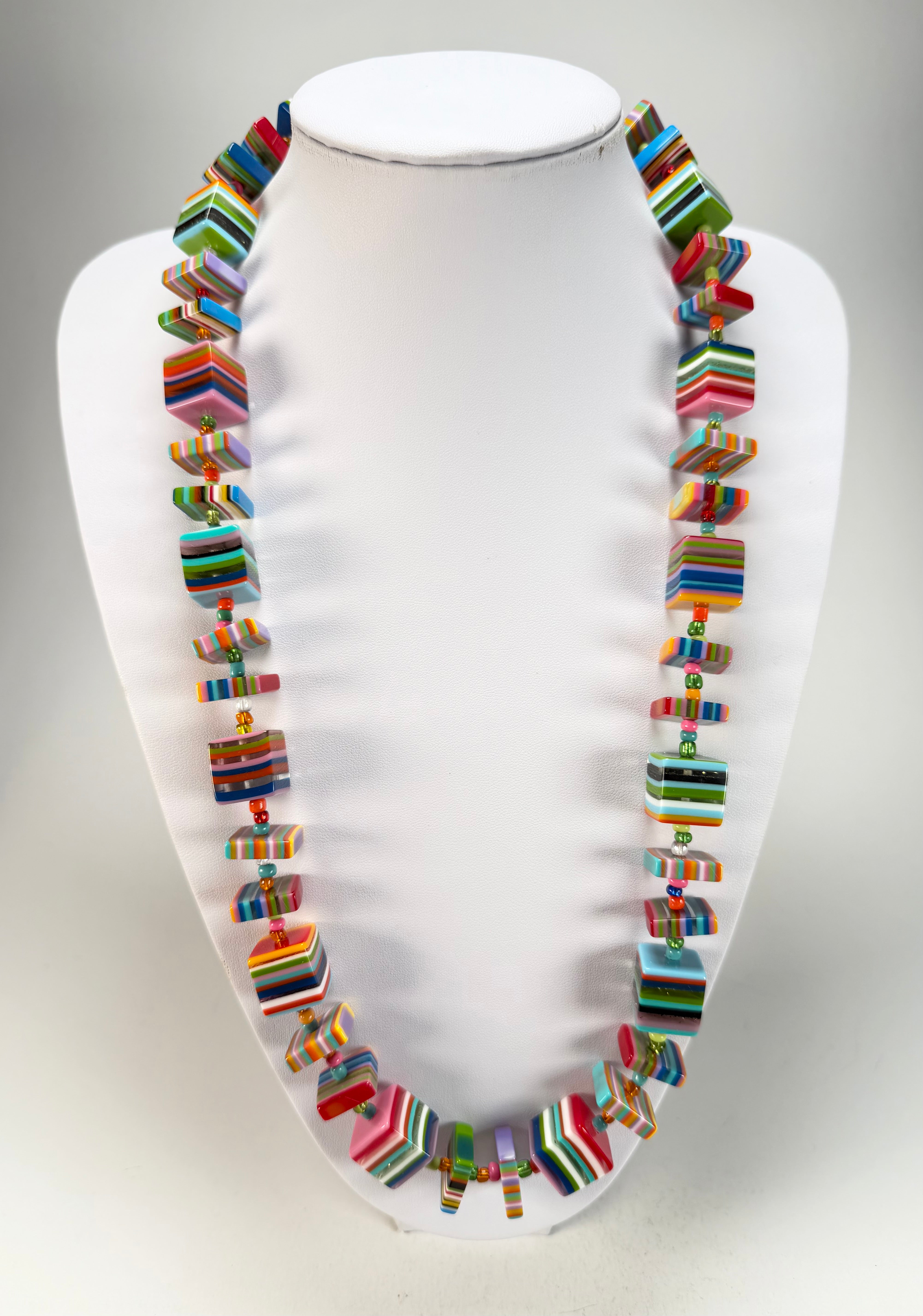 Jackie Brazil "Rome" Liquorice All Sorts Cubes & Squares Mix Colours 75cm Resin Necklace ( N0030 )