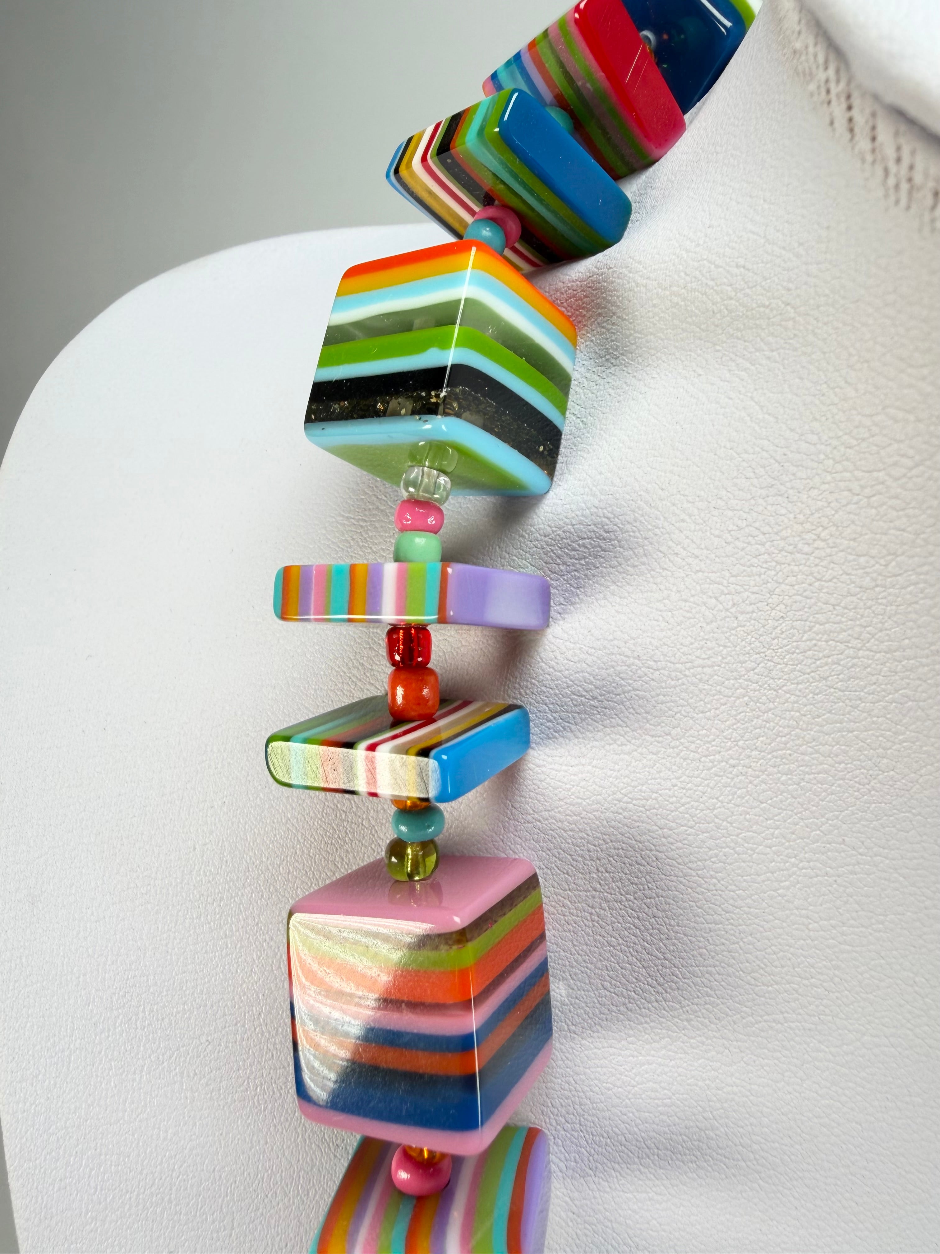 Jackie Brazil "Rome" Liquorice All Sorts Cubes & Squares Mix Colours 75cm Resin Necklace ( N0030 )