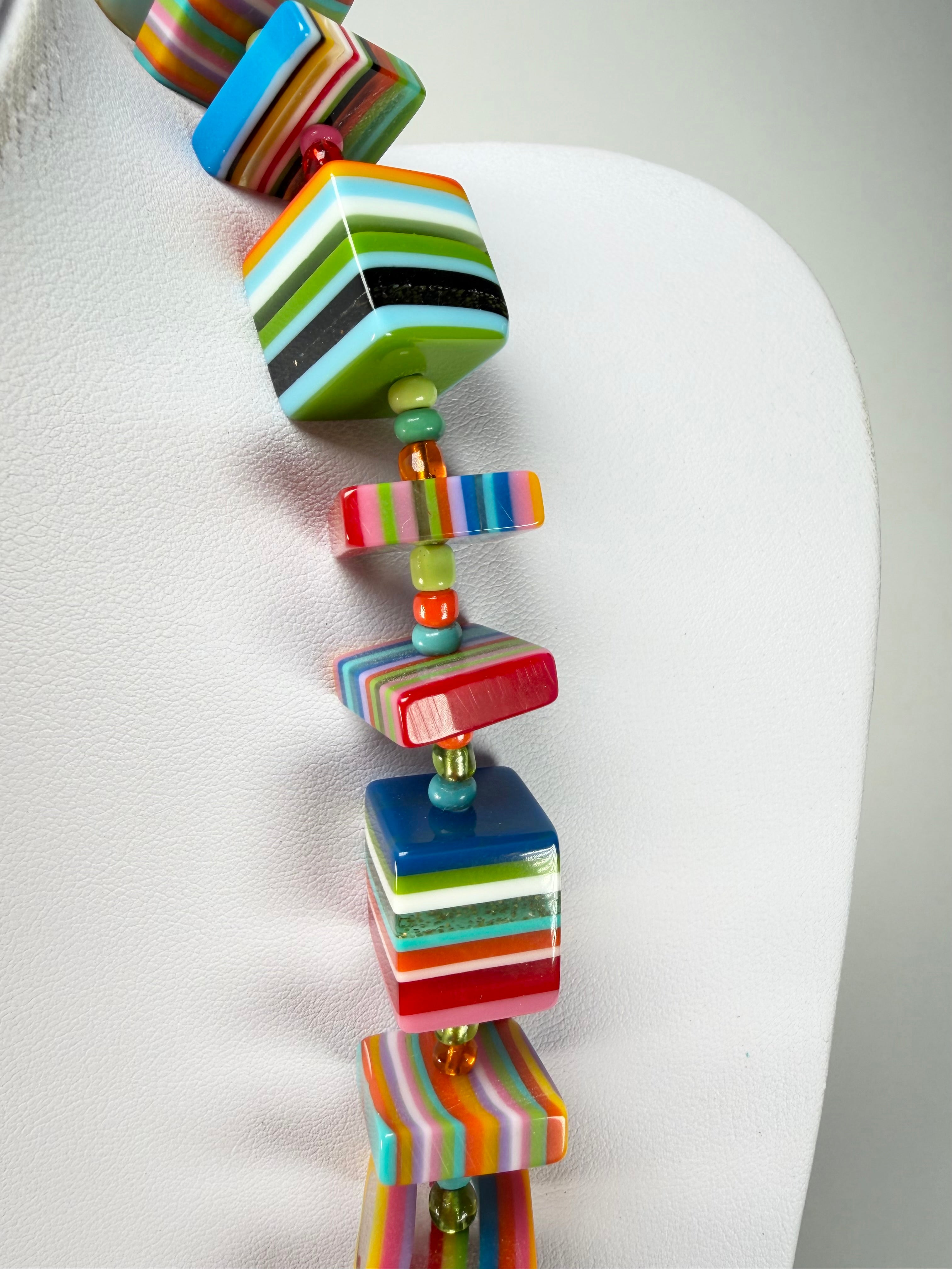 Jackie Brazil "Rome" Liquorice All Sorts Cubes & Squares Mix Colours 75cm Resin Necklace ( N0030 )