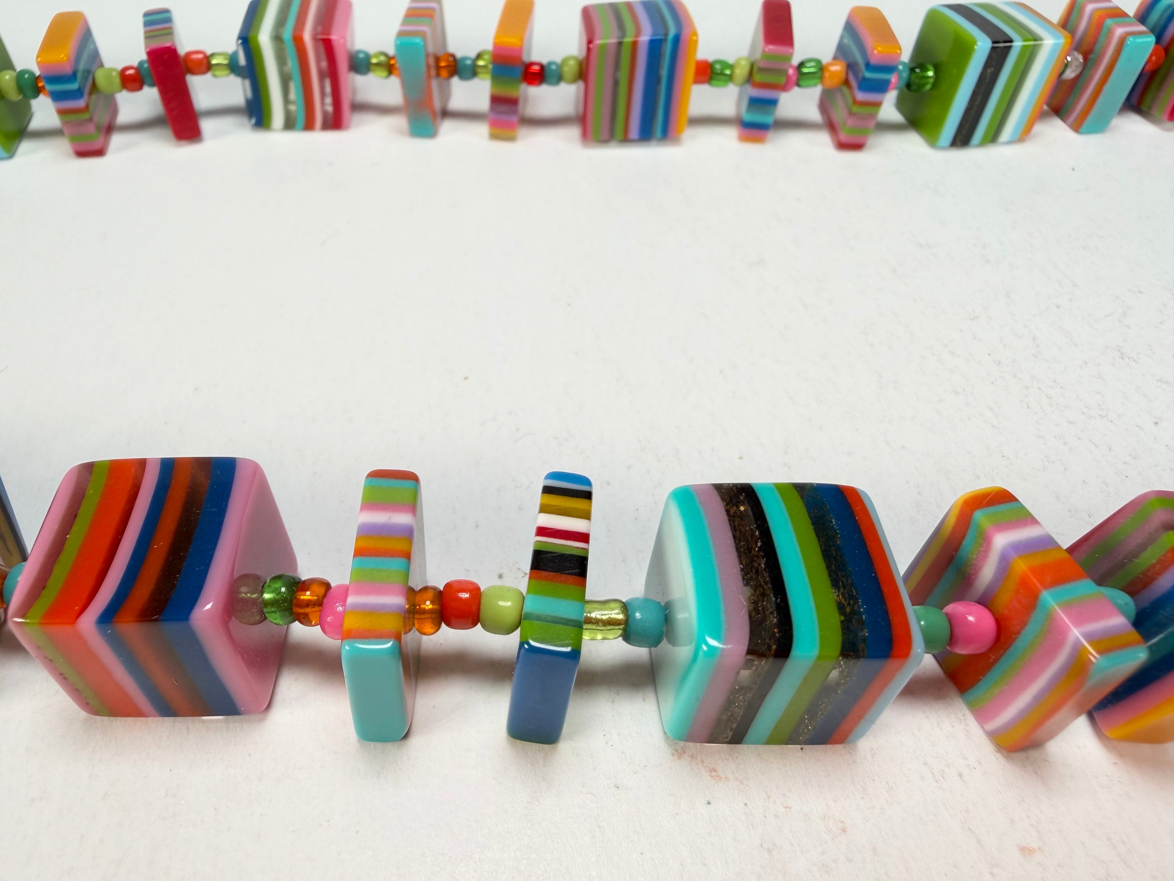 Jackie Brazil "Rome" Liquorice All Sorts Cubes & Squares Mix Colours 75cm Resin Necklace ( N0030 )