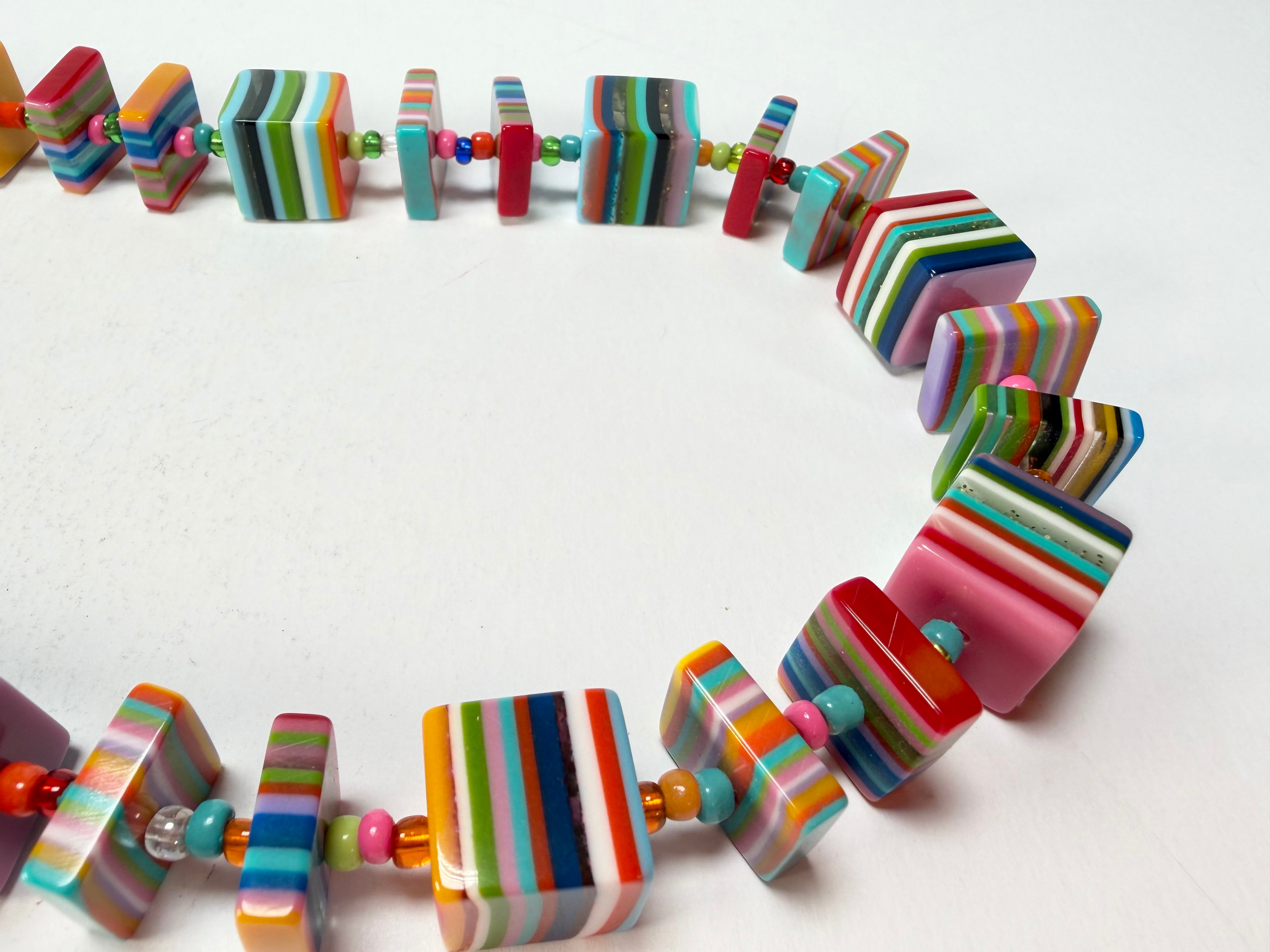 Jackie Brazil "Rome" Liquorice All Sorts Cubes & Squares Mix Colours 75cm Resin Necklace ( N0030 )