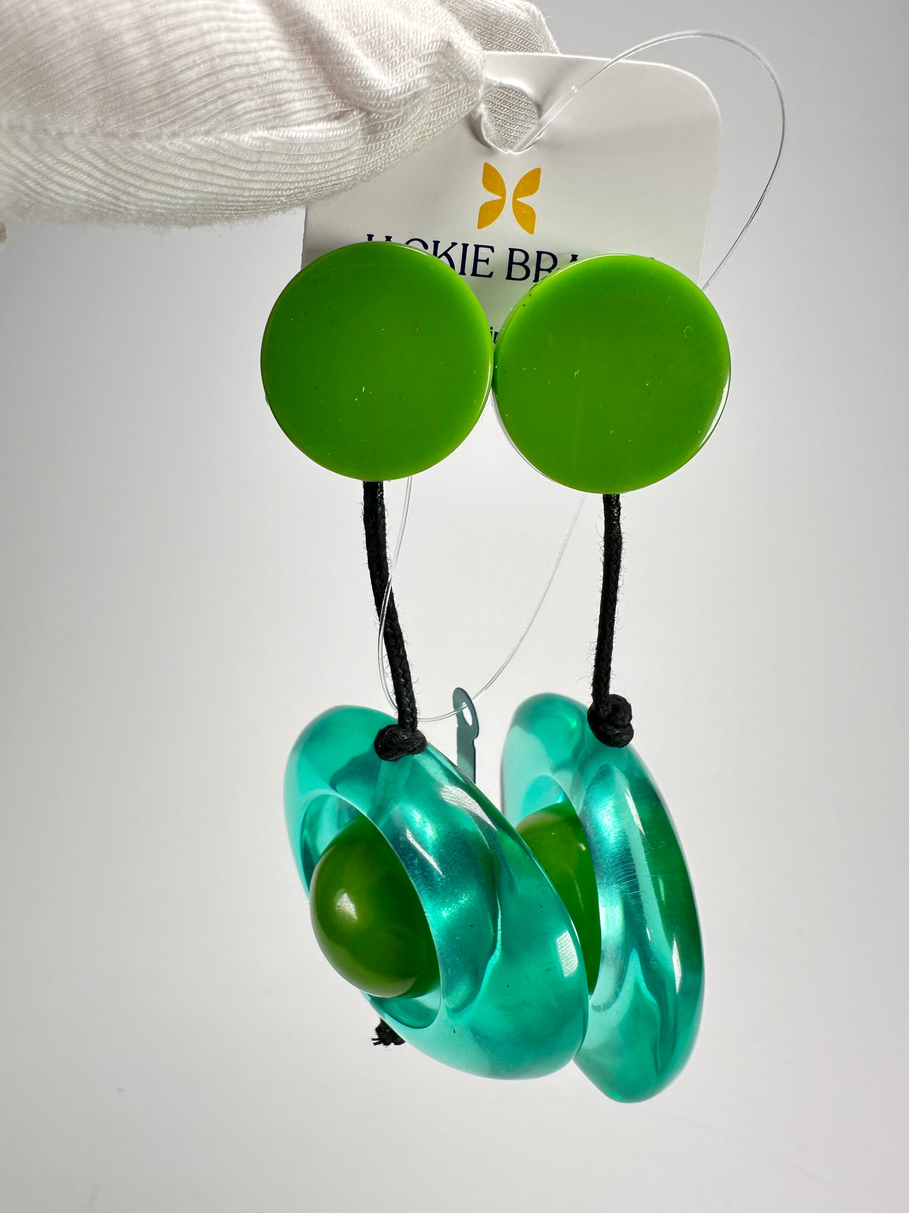 Jackie Brazil "Saturn" Transparent Green Disk & Ball on Cord Resin Earrings ( E0052 )