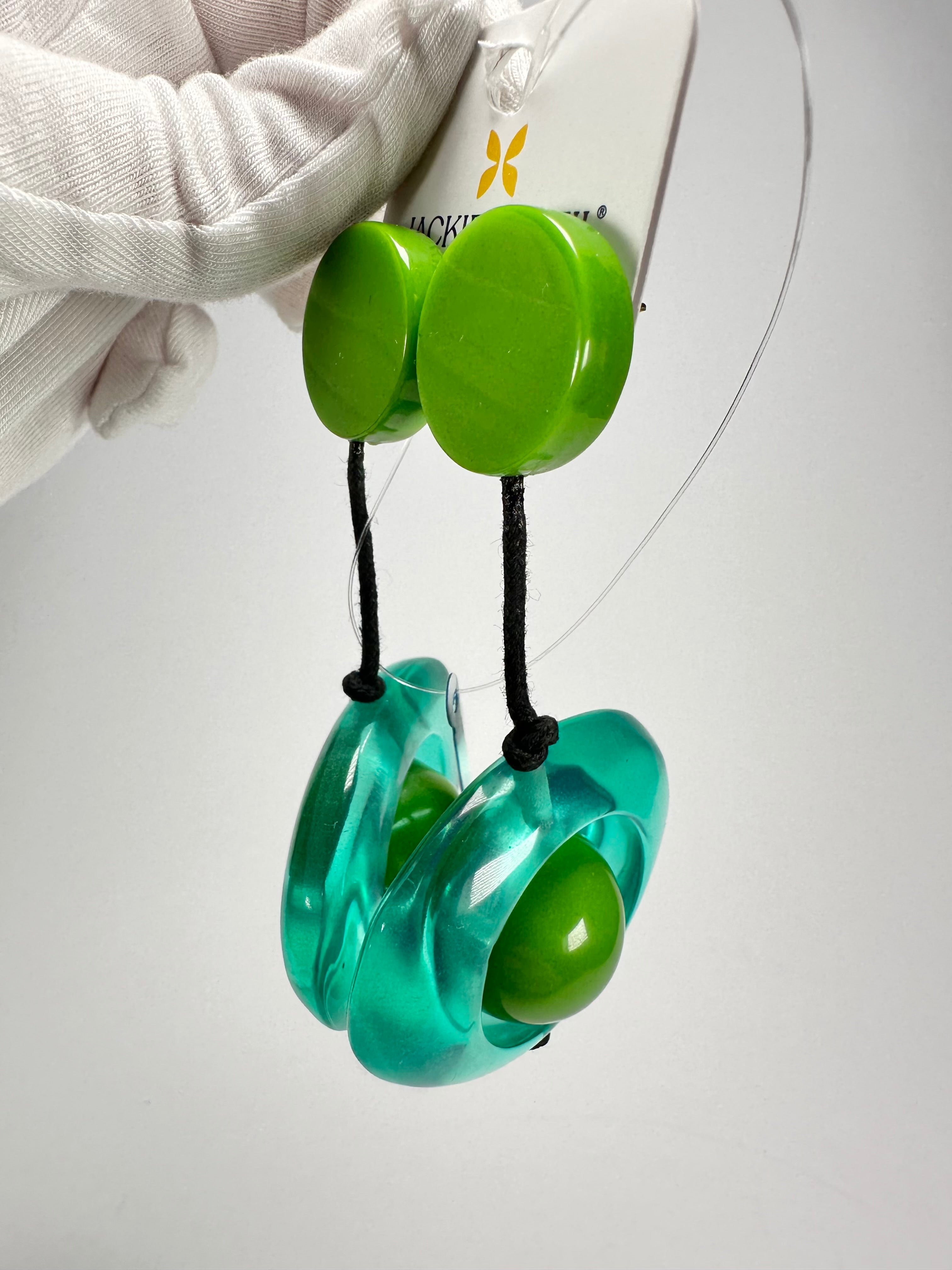 Jackie Brazil "Saturn" Transparent Green Disk & Ball on Cord Resin Earrings ( E0052 )