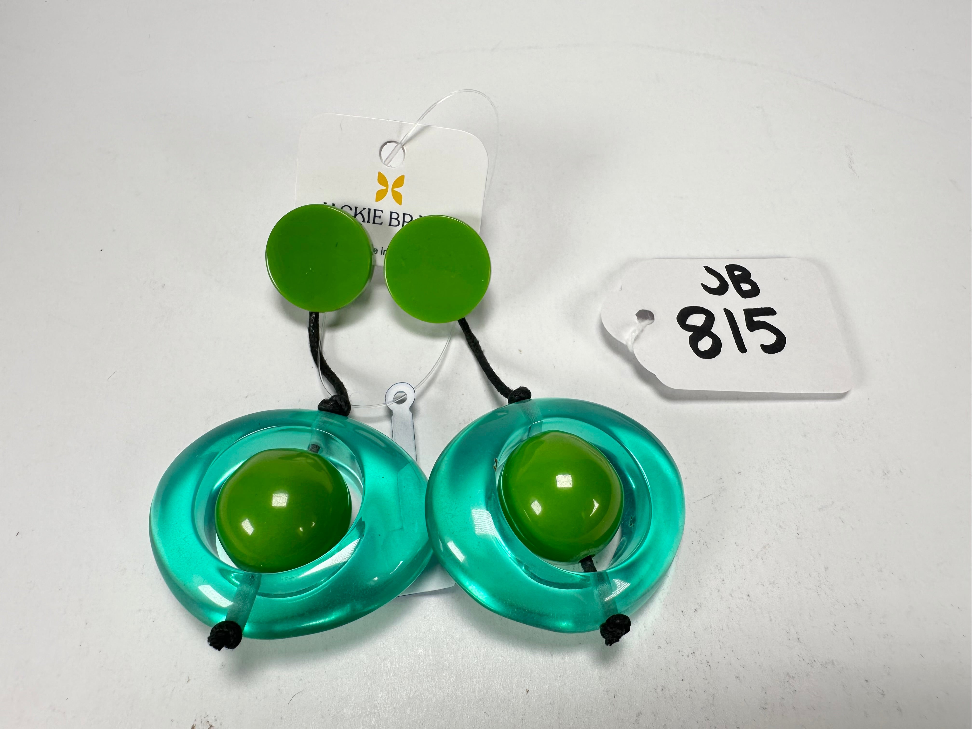 Jackie Brazil "Saturn" Transparent Green Disk & Ball on Cord Resin Earrings ( E0052 )