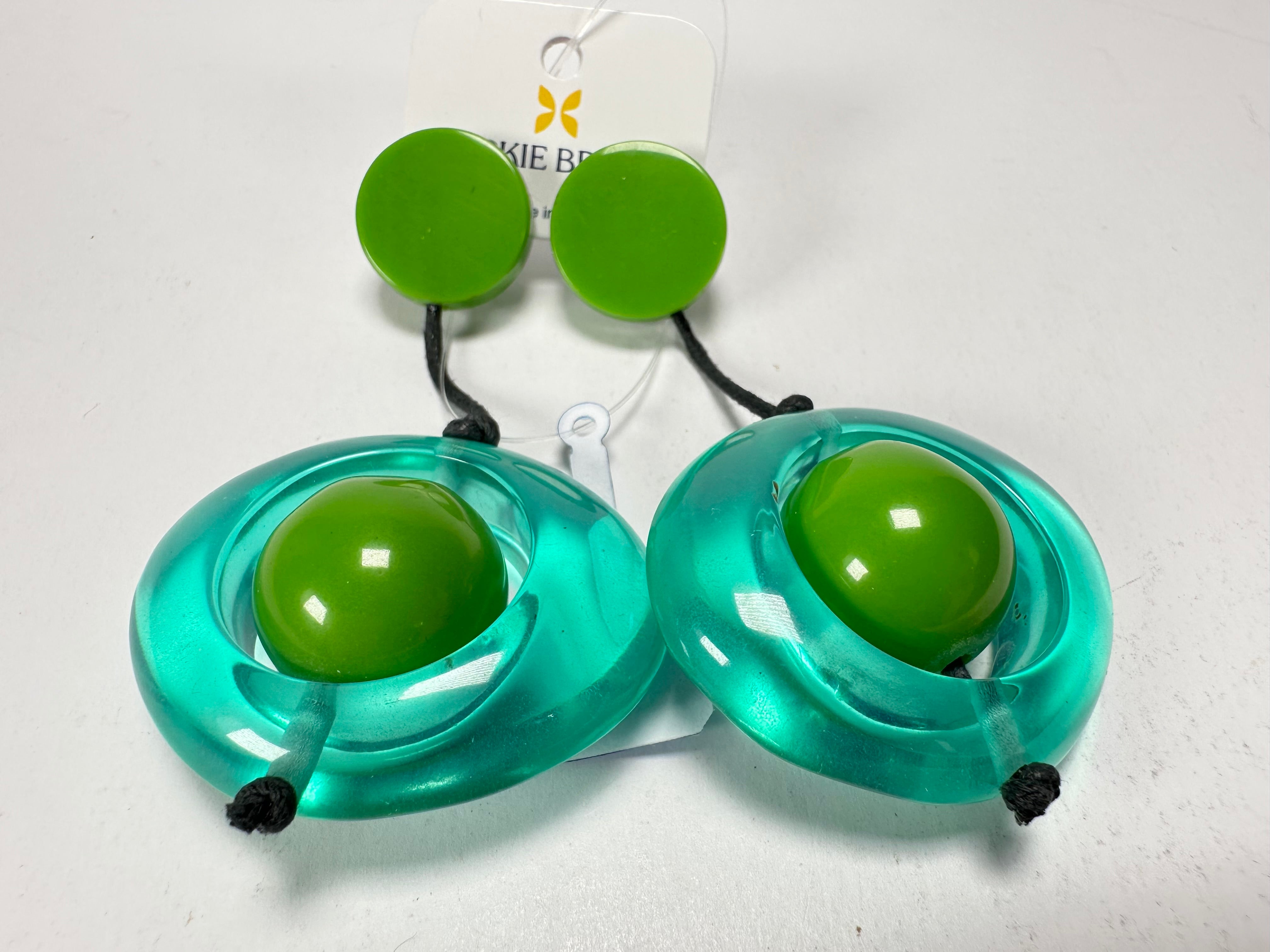 Jackie Brazil "Saturn" Transparent Green Disk & Ball on Cord Resin Earrings ( E0052 )