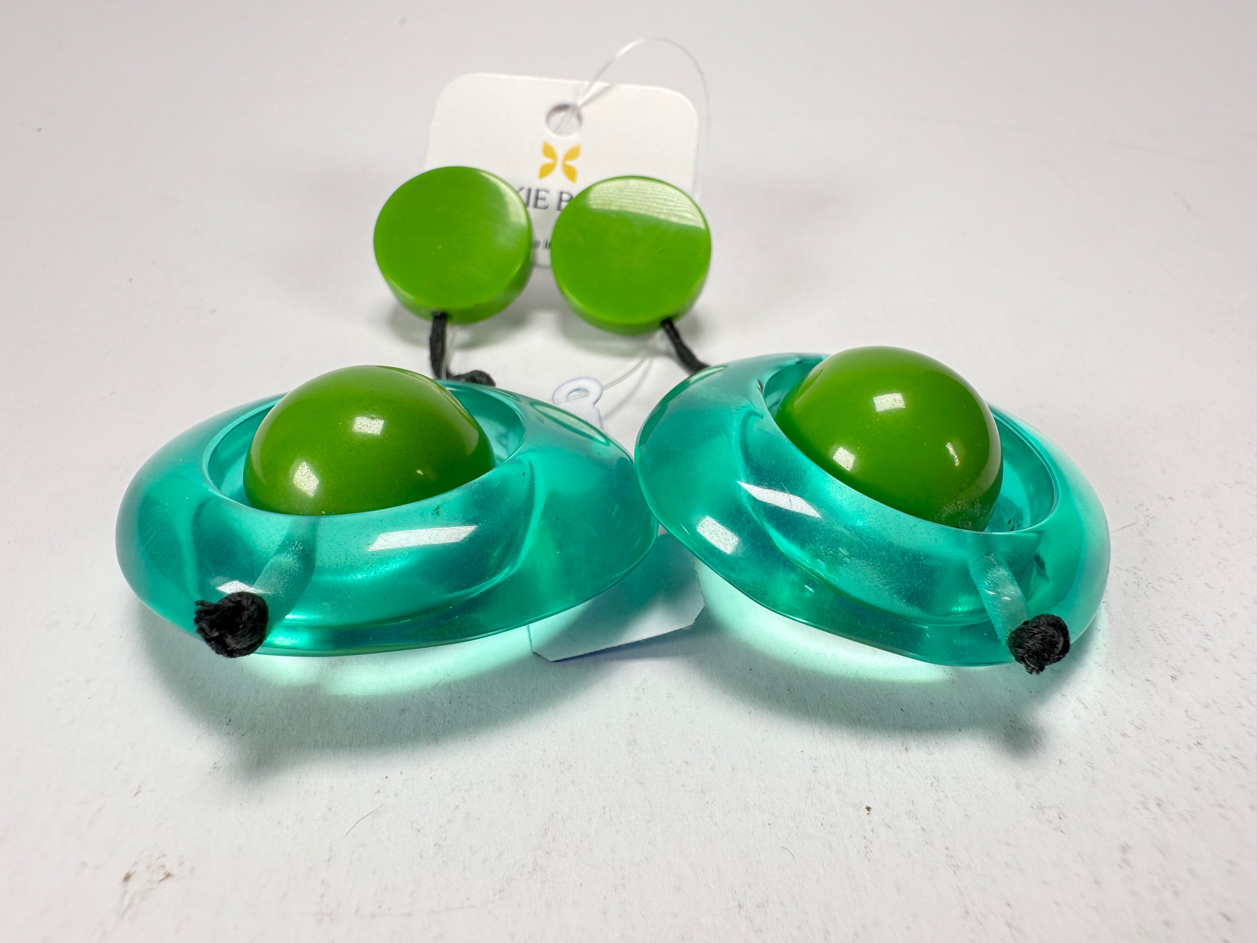 Jackie Brazil "Saturn" Transparent Green Disk & Ball on Cord Resin Earrings ( E0052 )