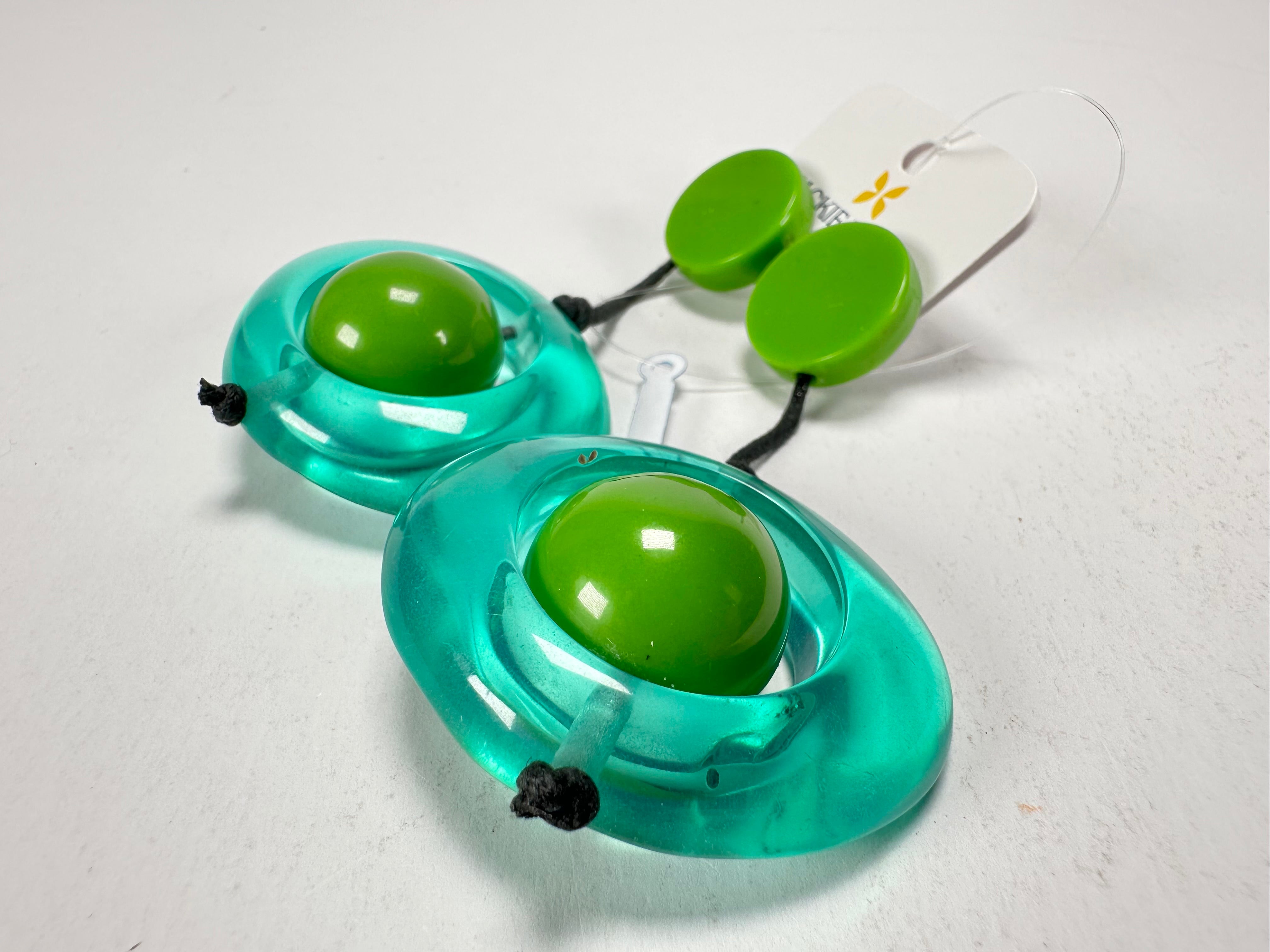 Jackie Brazil "Saturn" Transparent Green Disk & Ball on Cord Resin Earrings ( E0052 )