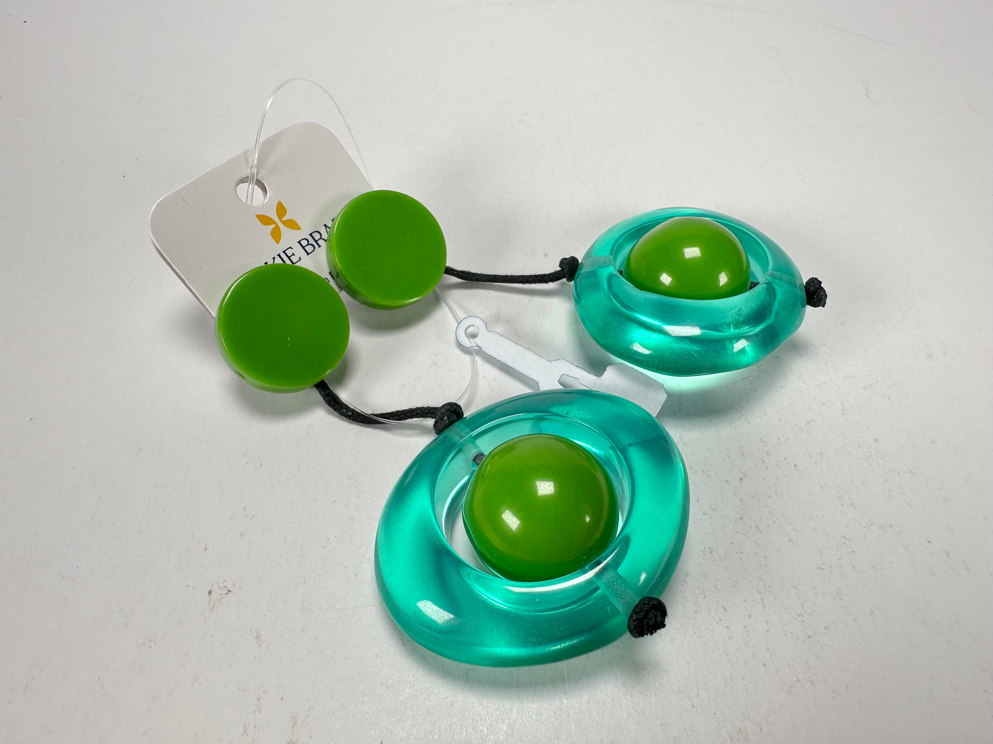 Jackie Brazil "Saturn" Transparent Green Disk & Ball on Cord Resin Earrings ( E0052 )