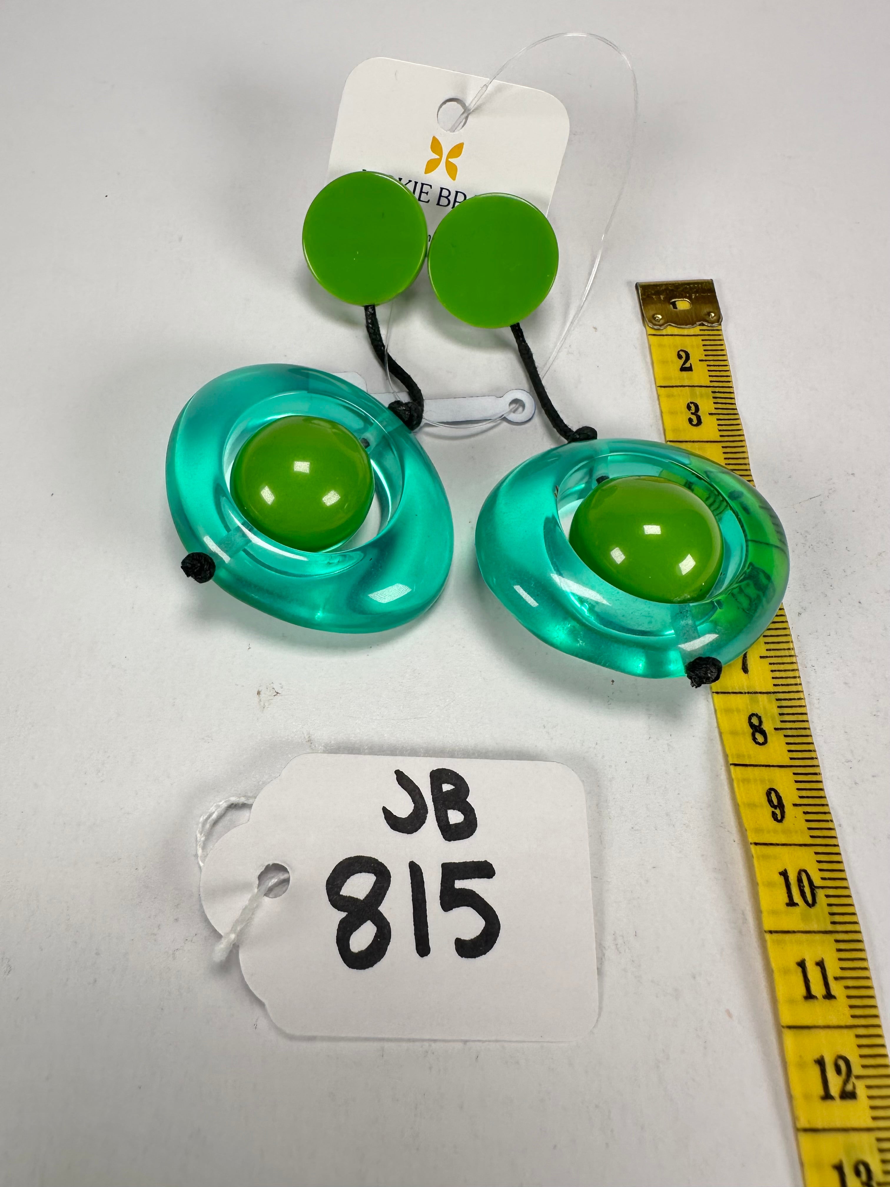 Jackie Brazil "Saturn" Transparent Green Disk & Ball on Cord Resin Earrings ( E0052 )