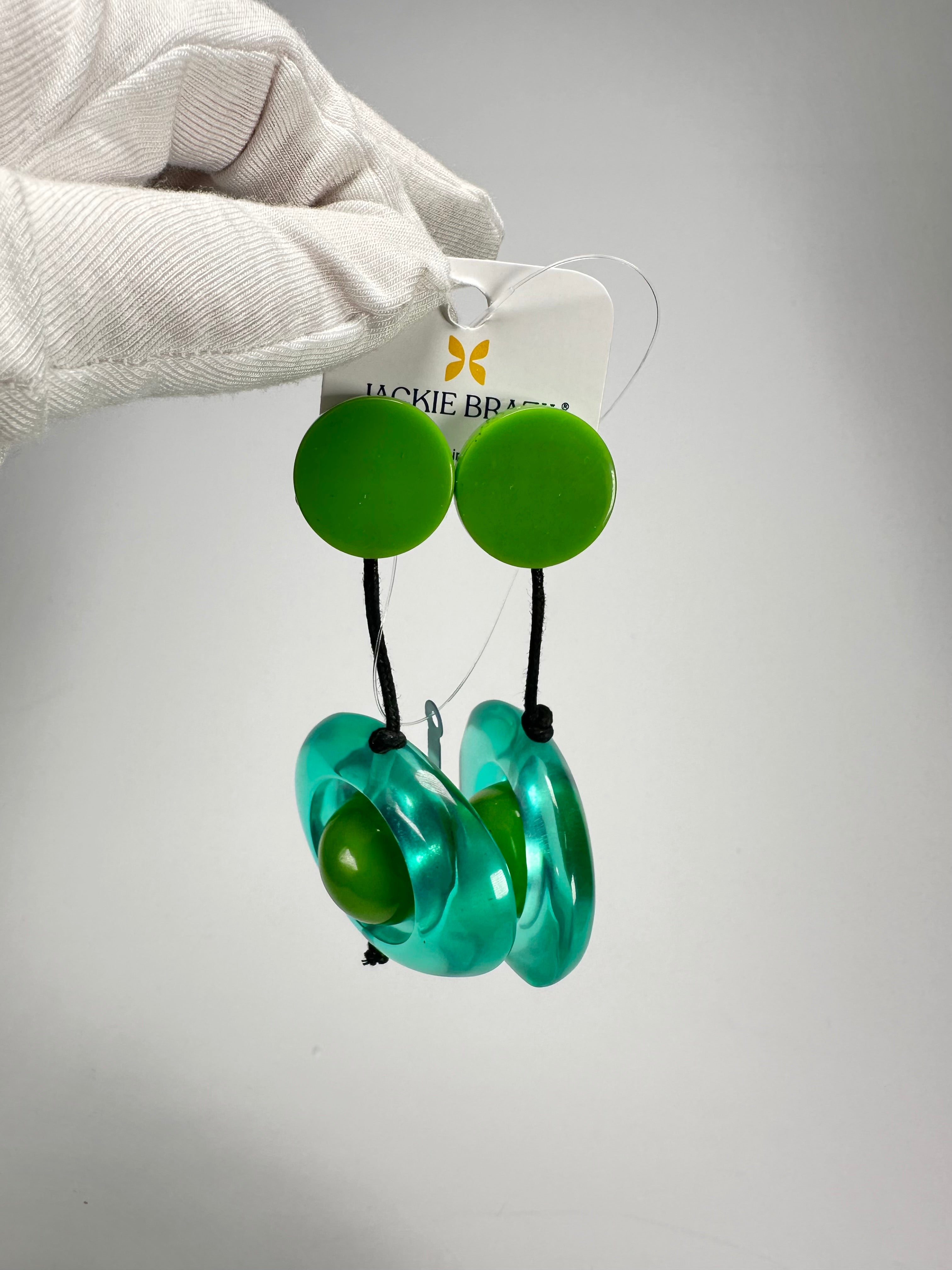 Jackie Brazil "Saturn" Transparent Green Disk & Ball on Cord Resin Earrings ( E0052 )