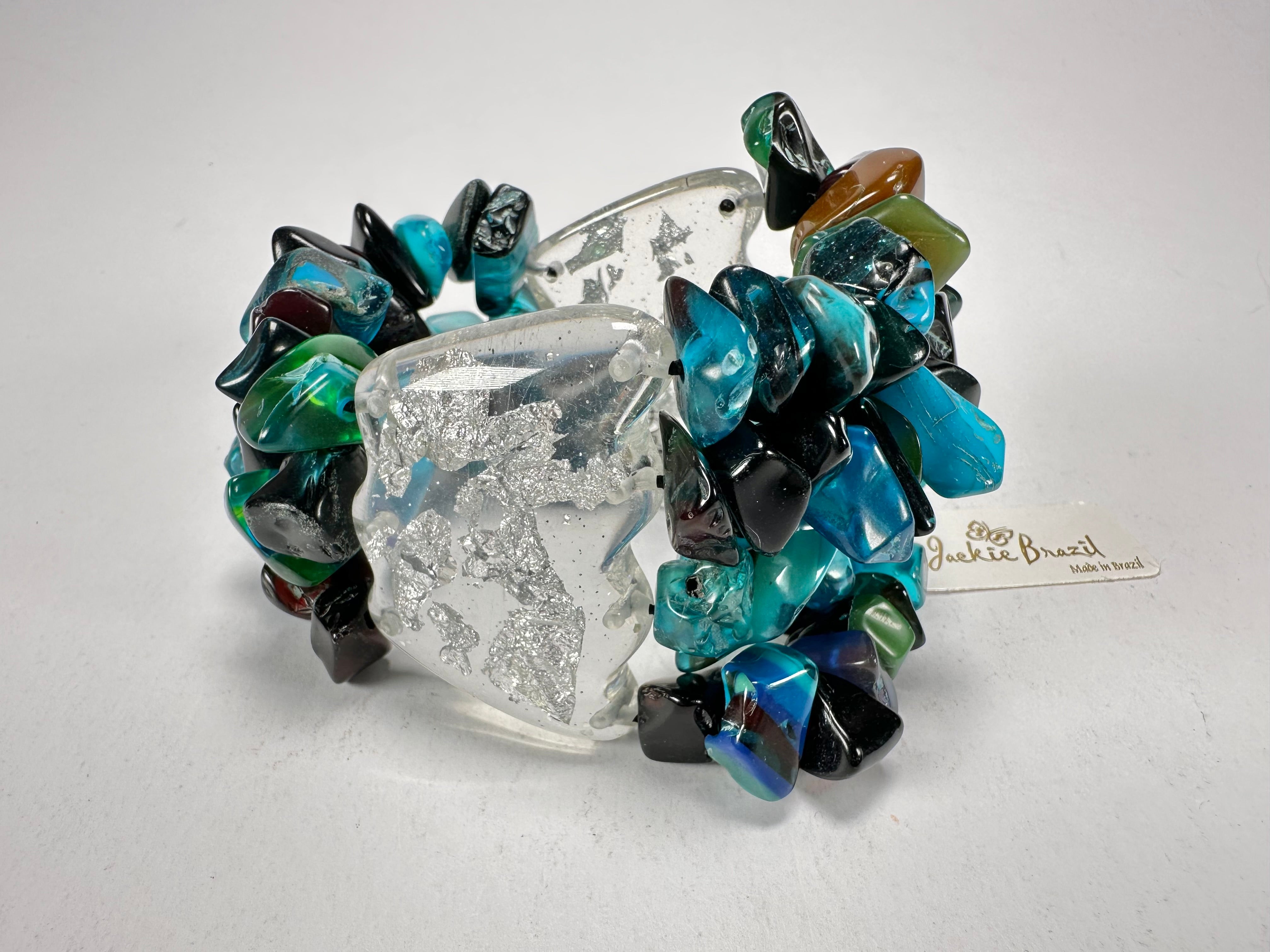 Jackie Brazil "Orient Express" 3 & 4 Beaded Strands with Leaf Pendant Blue Mix Resin Bracelet ( B3544 )