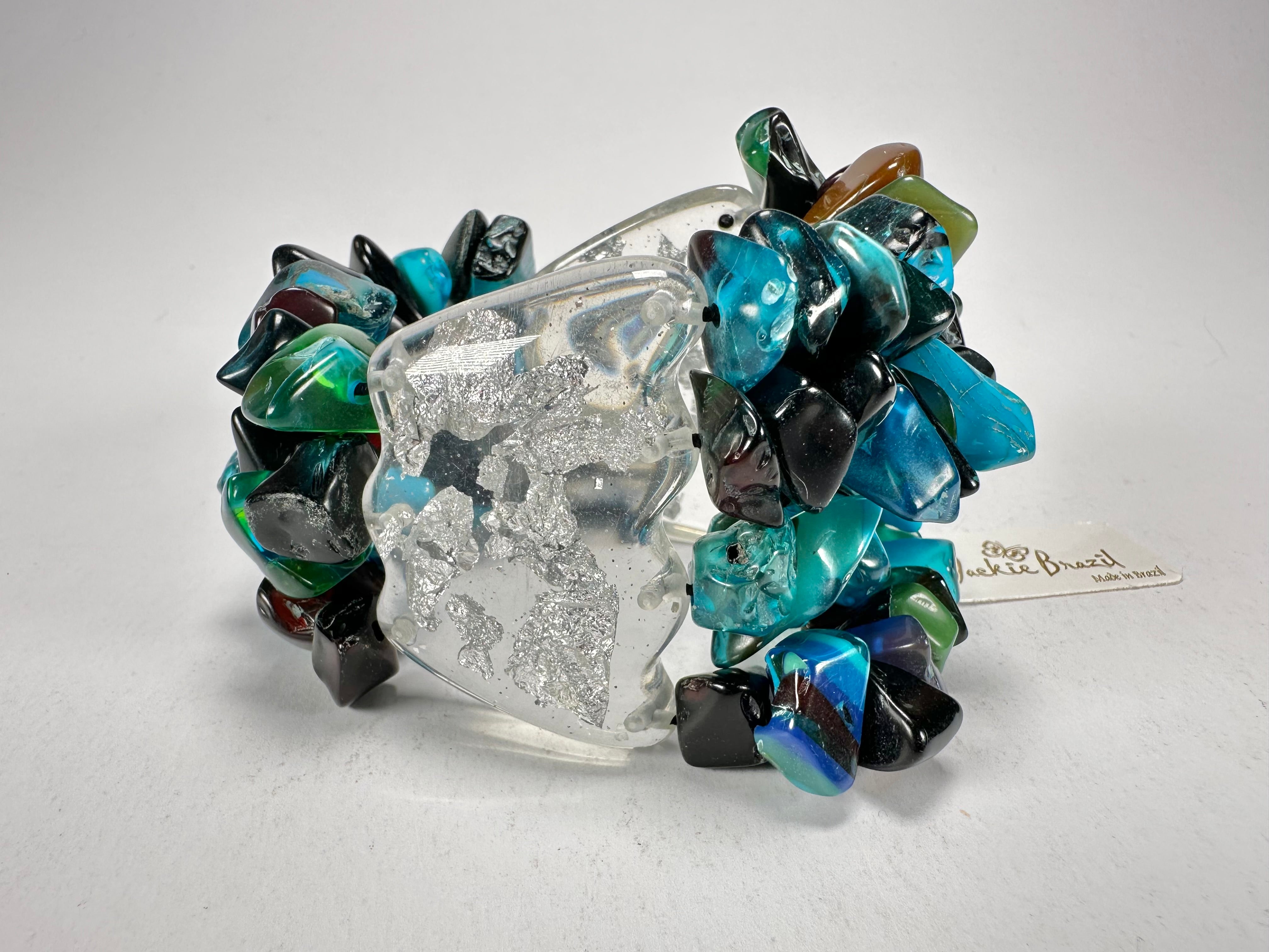 Jackie Brazil "Orient Express" 3 & 4 Beaded Strands with Leaf Pendant Blue Mix Resin Bracelet ( B3544 )