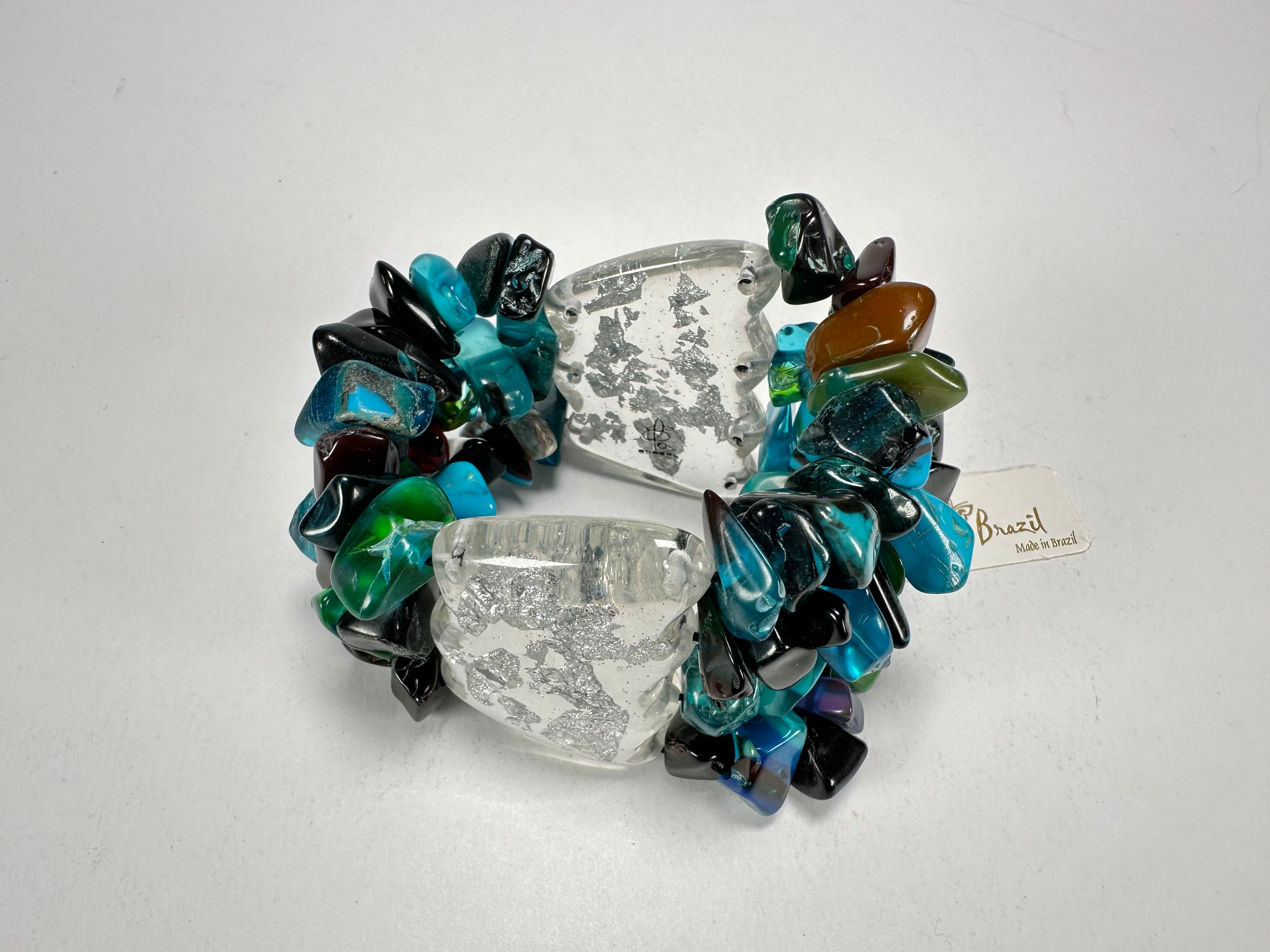 Jackie Brazil "Orient Express" 3 & 4 Beaded Strands with Leaf Pendant Blue Mix Resin Bracelet ( B3544 )