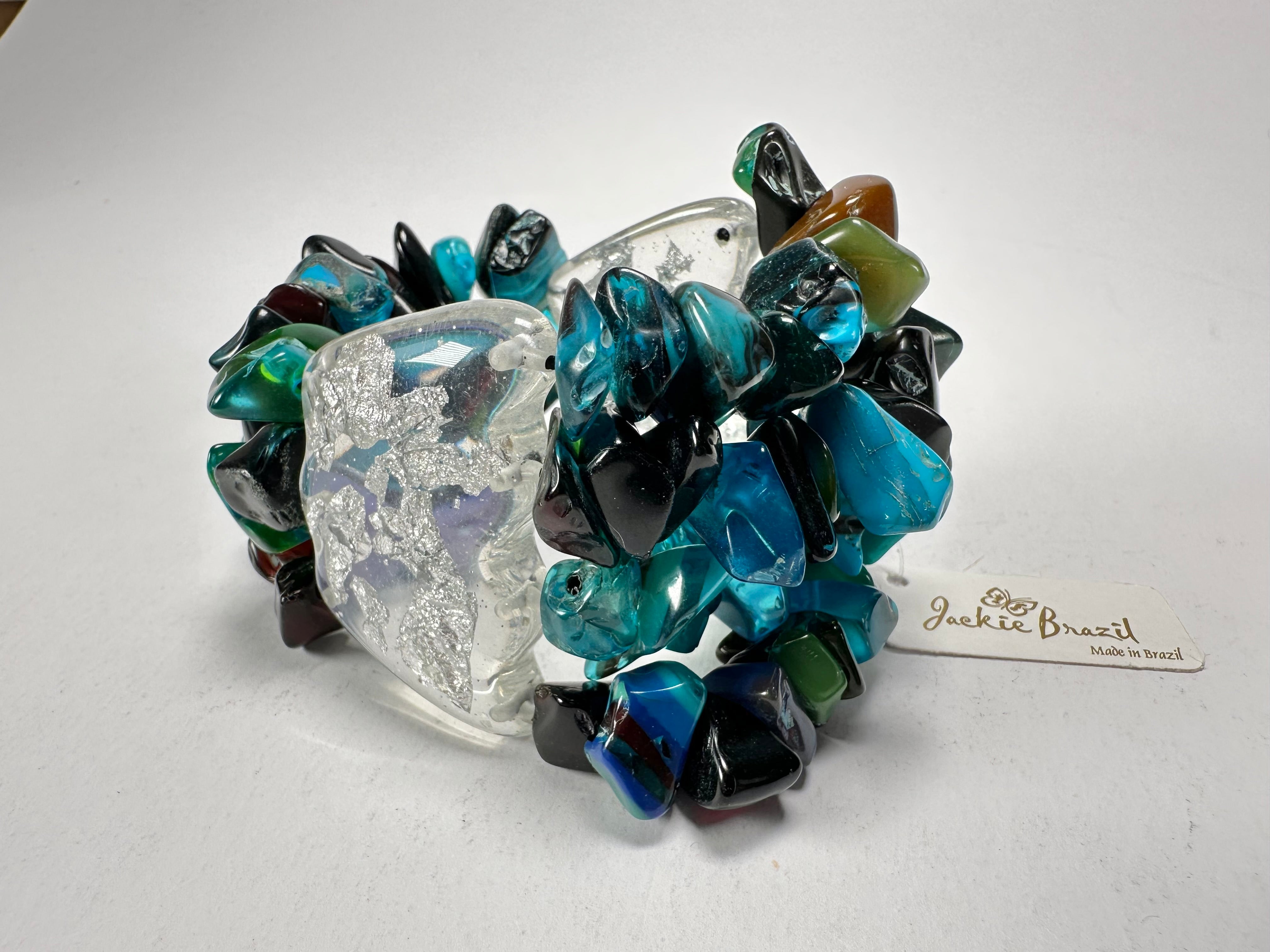 Jackie Brazil "Orient Express" 3 & 4 Beaded Strands with Leaf Pendant Blue Mix Resin Bracelet ( B3544 )
