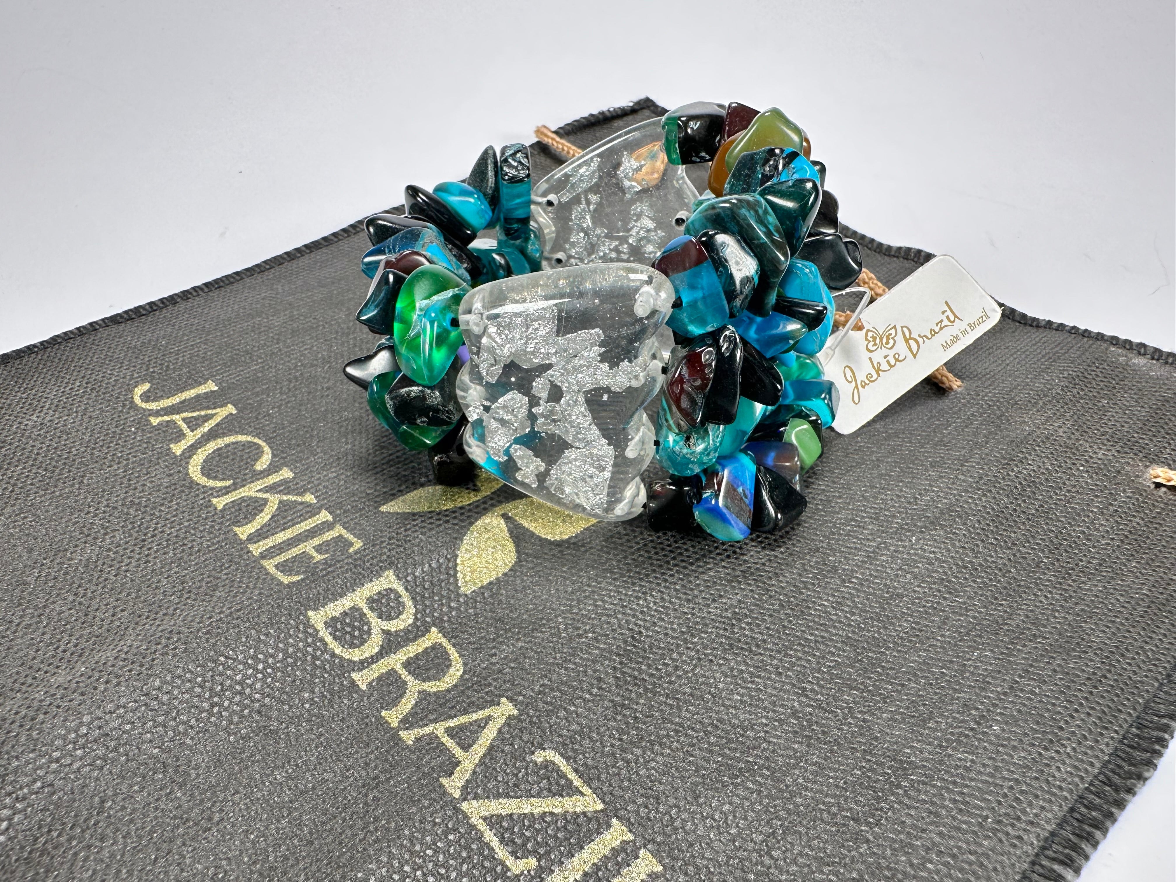 Jackie Brazil "Orient Express" 3 & 4 Beaded Strands with Leaf Pendant Blue Mix Resin Bracelet ( B3544 )