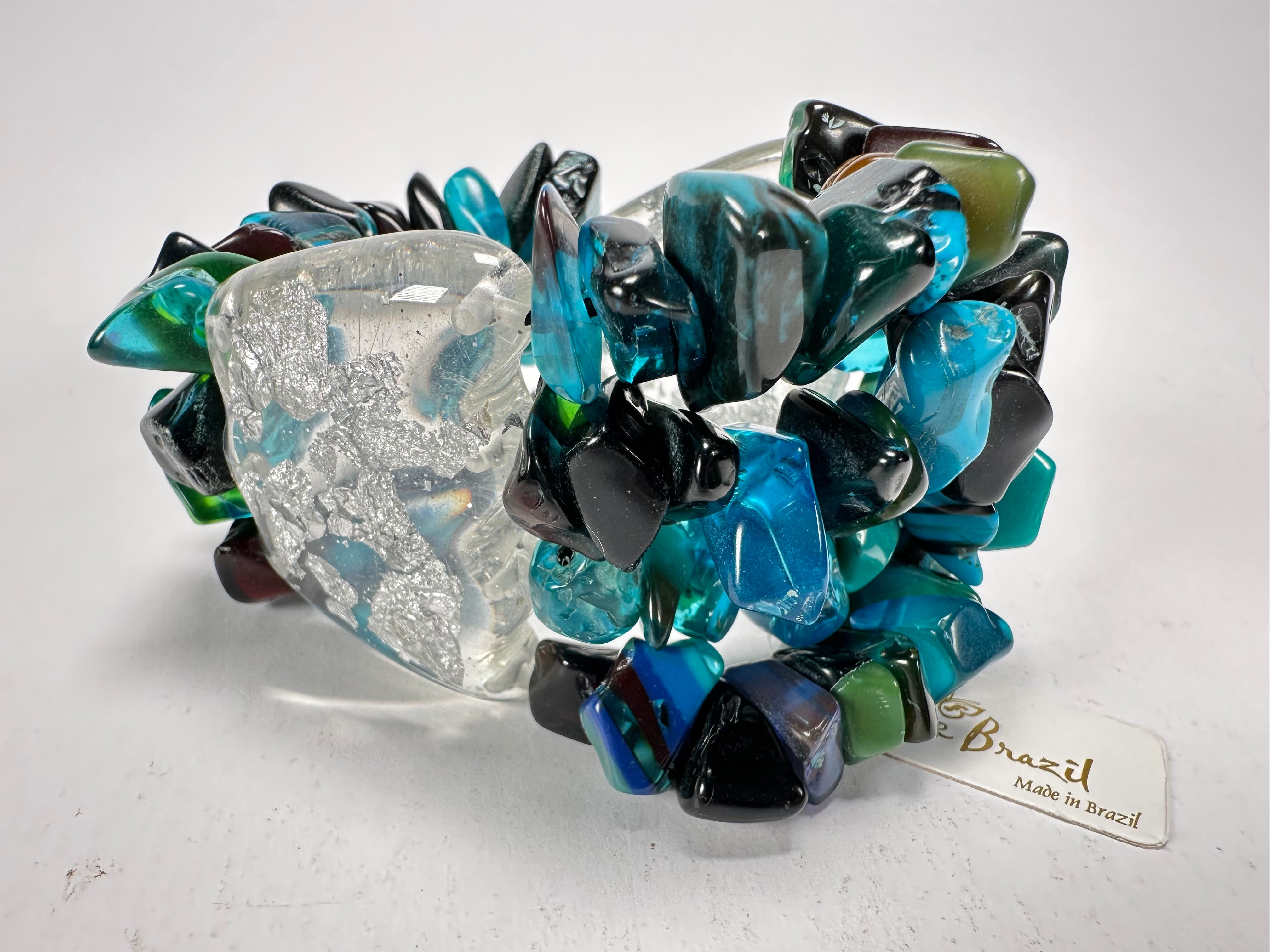 Jackie Brazil "Orient Express" 3 & 4 Beaded Strands with Leaf Pendant Blue Mix Resin Bracelet ( B3544 )