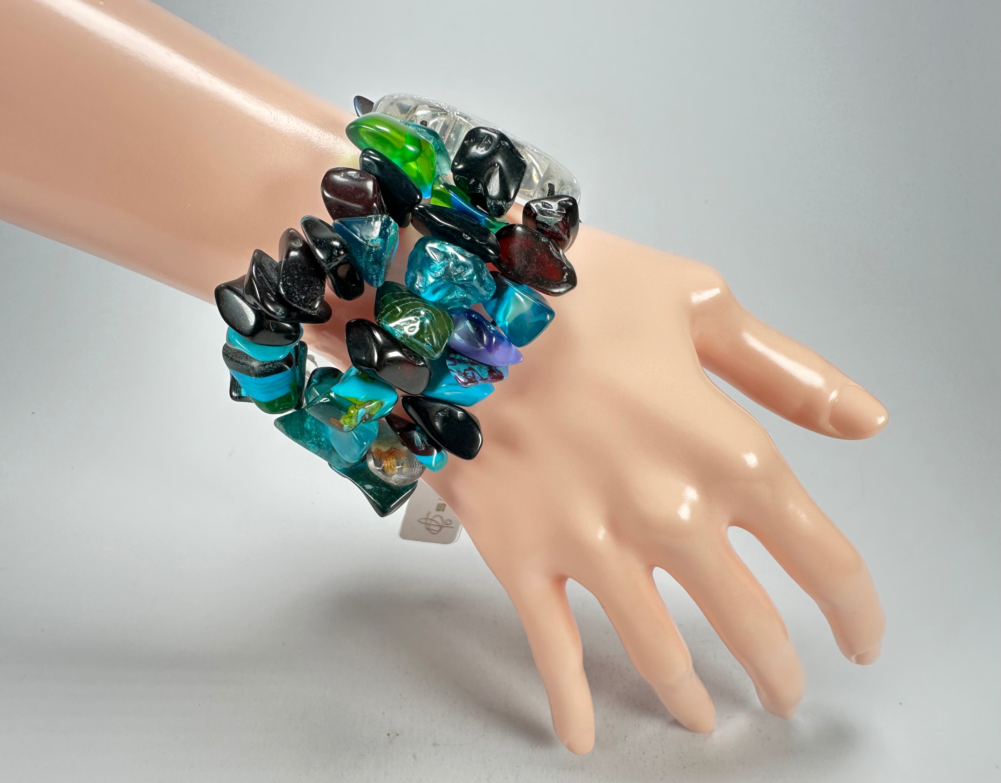 Jackie Brazil "Orient Express" 3 & 4 Beaded Strands with Leaf Pendant Blue Mix Resin Bracelet ( B3544 )