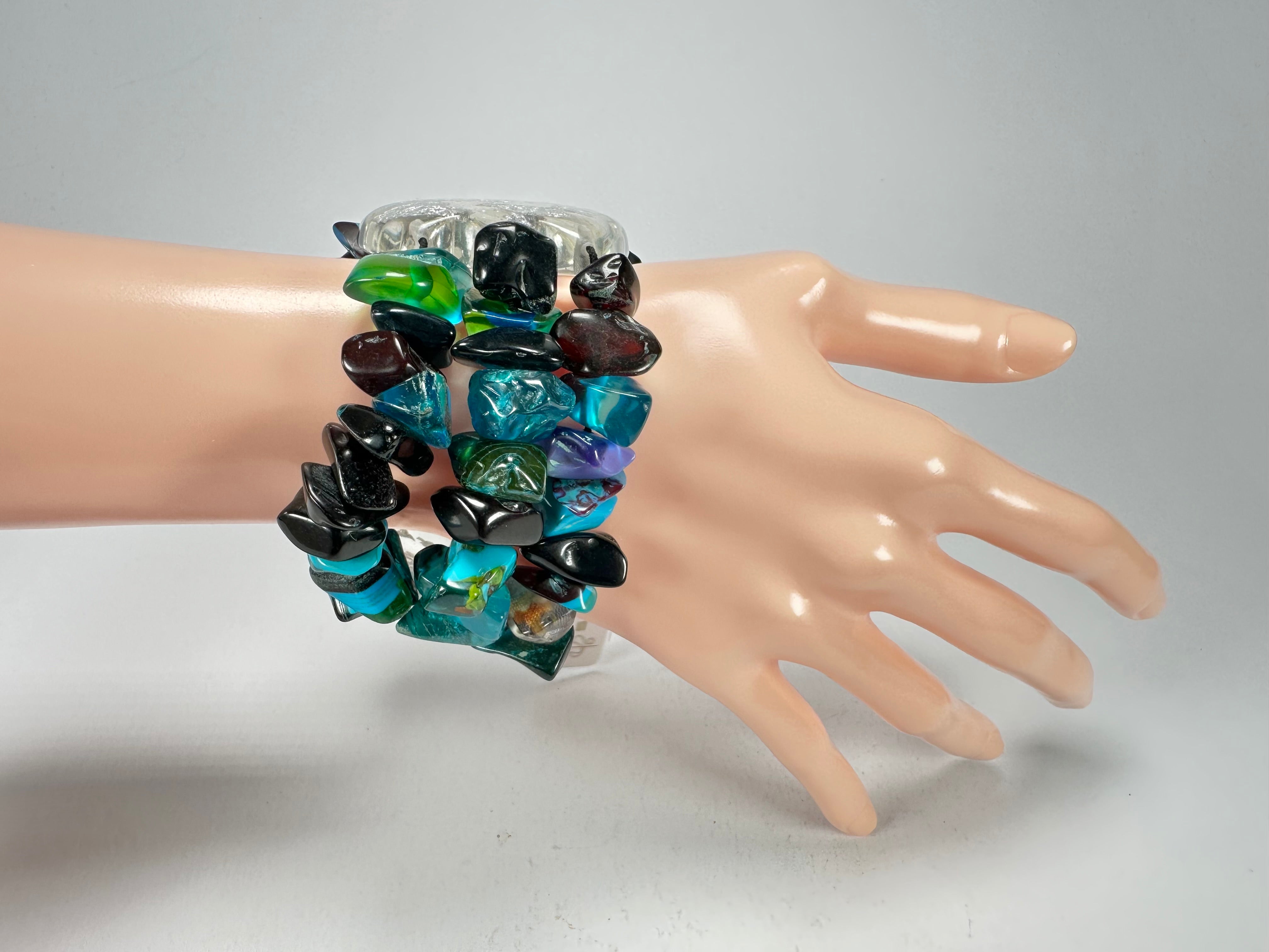 Jackie Brazil "Orient Express" 3 & 4 Beaded Strands with Leaf Pendant Blue Mix Resin Bracelet ( B3544 )