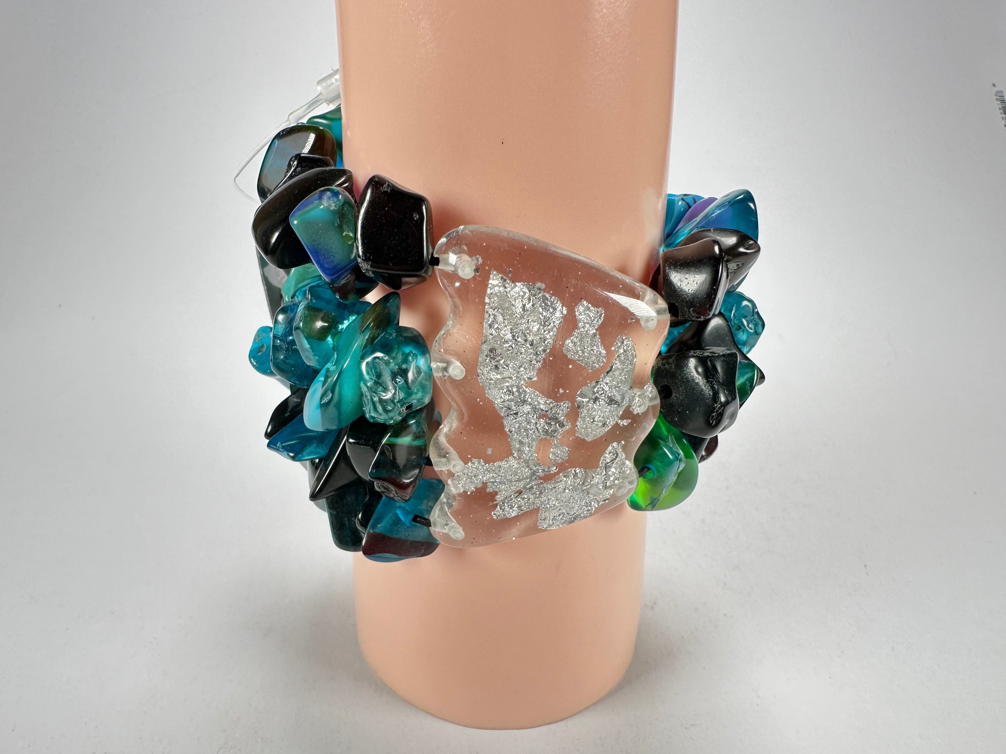 Jackie Brazil "Orient Express" 3 & 4 Beaded Strands with Leaf Pendant Blue Mix Resin Bracelet ( B3544 )