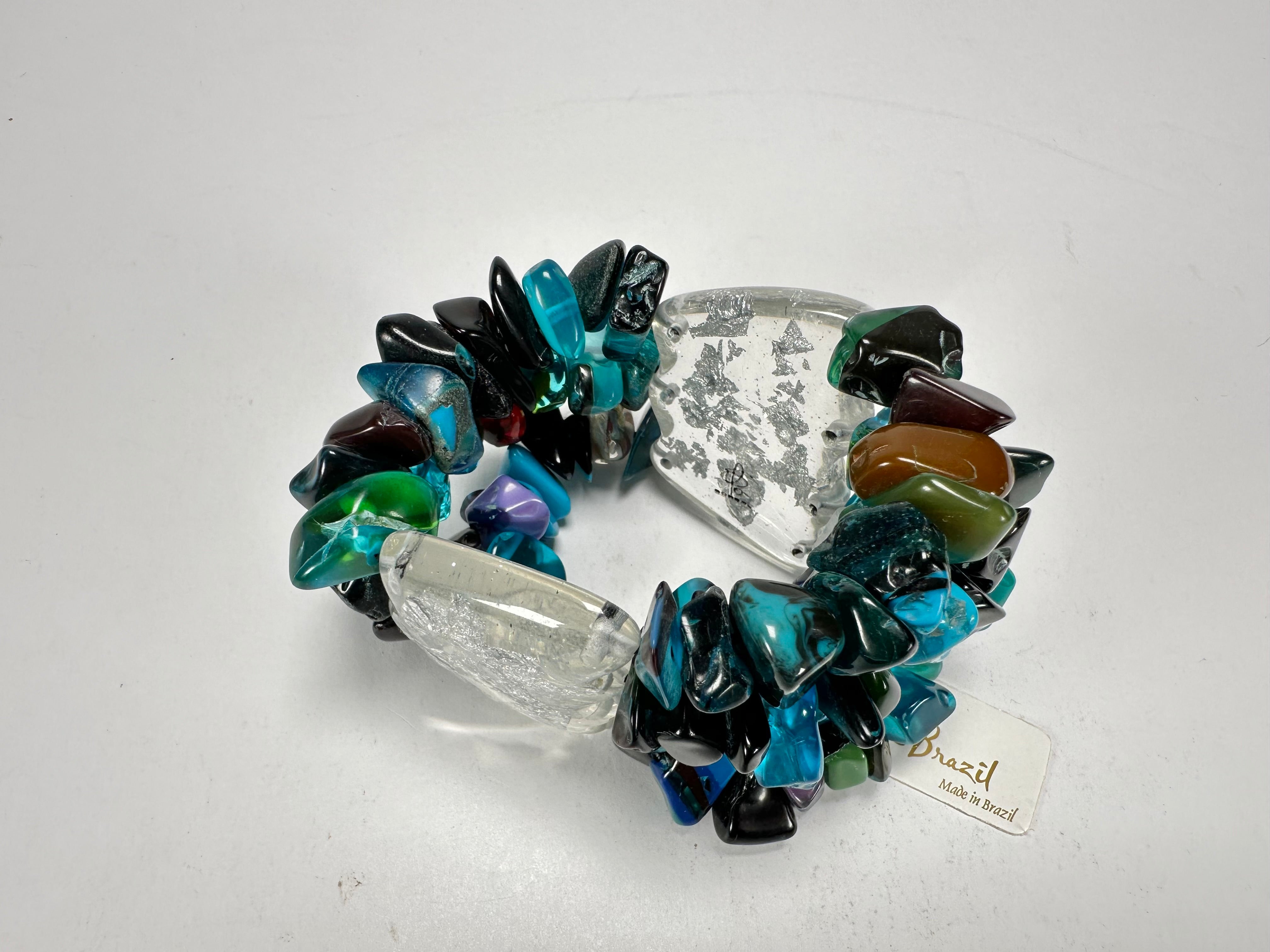 Jackie Brazil "Orient Express" 3 & 4 Beaded Strands with Leaf Pendant Blue Mix Resin Bracelet ( B3544 )