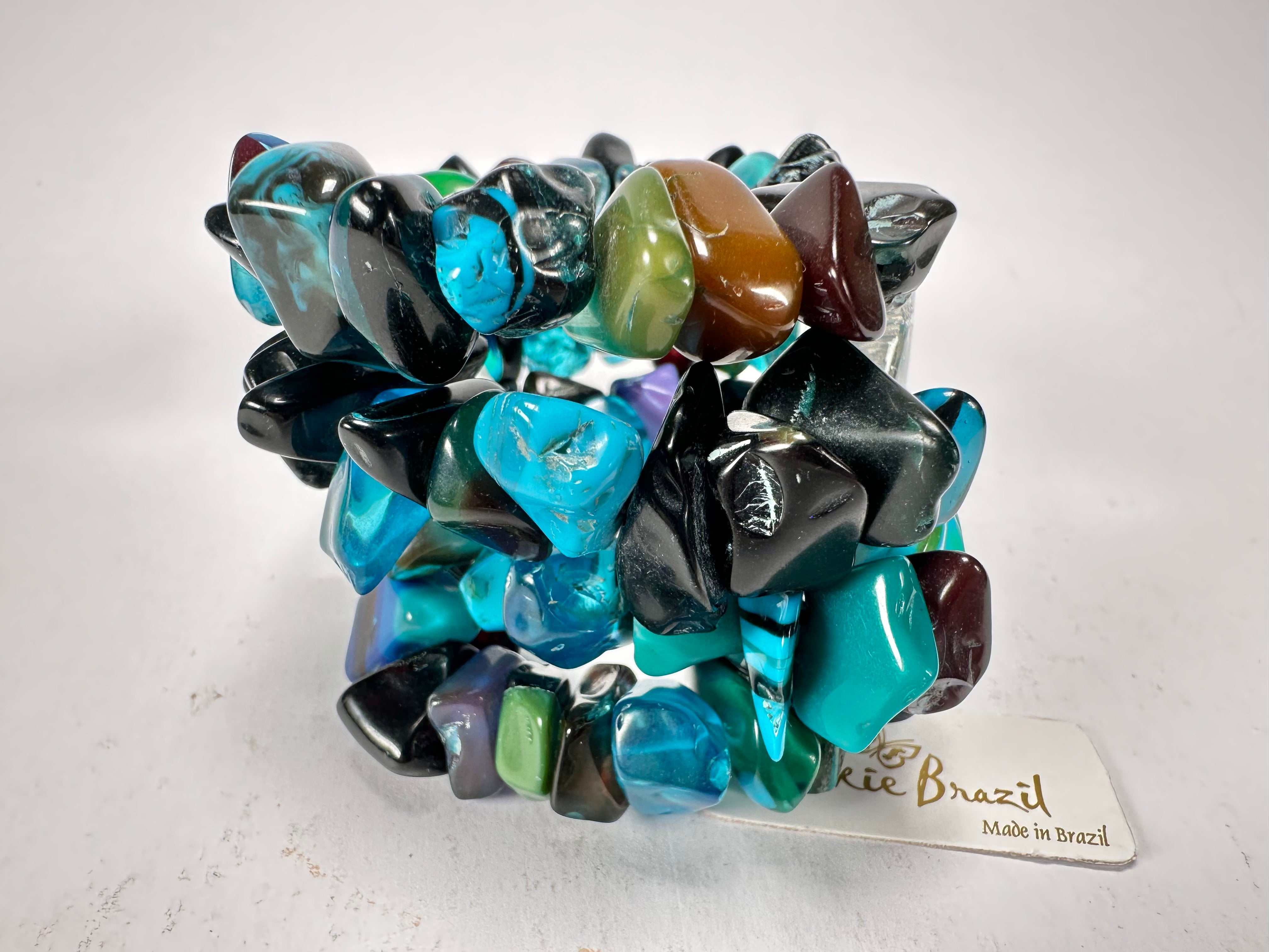 Jackie Brazil "Orient Express" 3 & 4 Beaded Strands with Leaf Pendant Blue Mix Resin Bracelet ( B3544 )