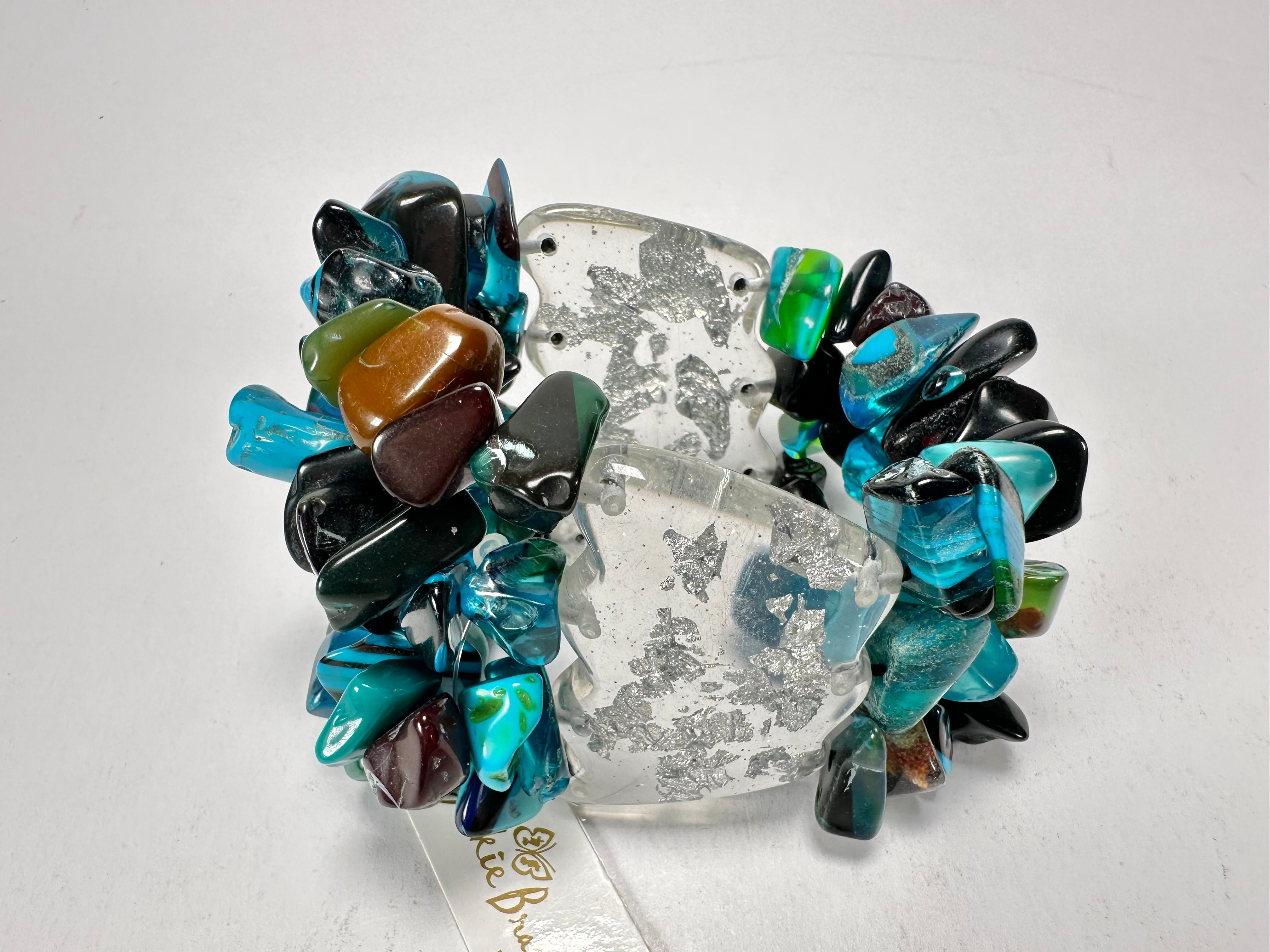 Jackie Brazil "Orient Express" 3 & 4 Beaded Strands with Leaf Pendant Blue Mix Resin Bracelet ( B3544 )