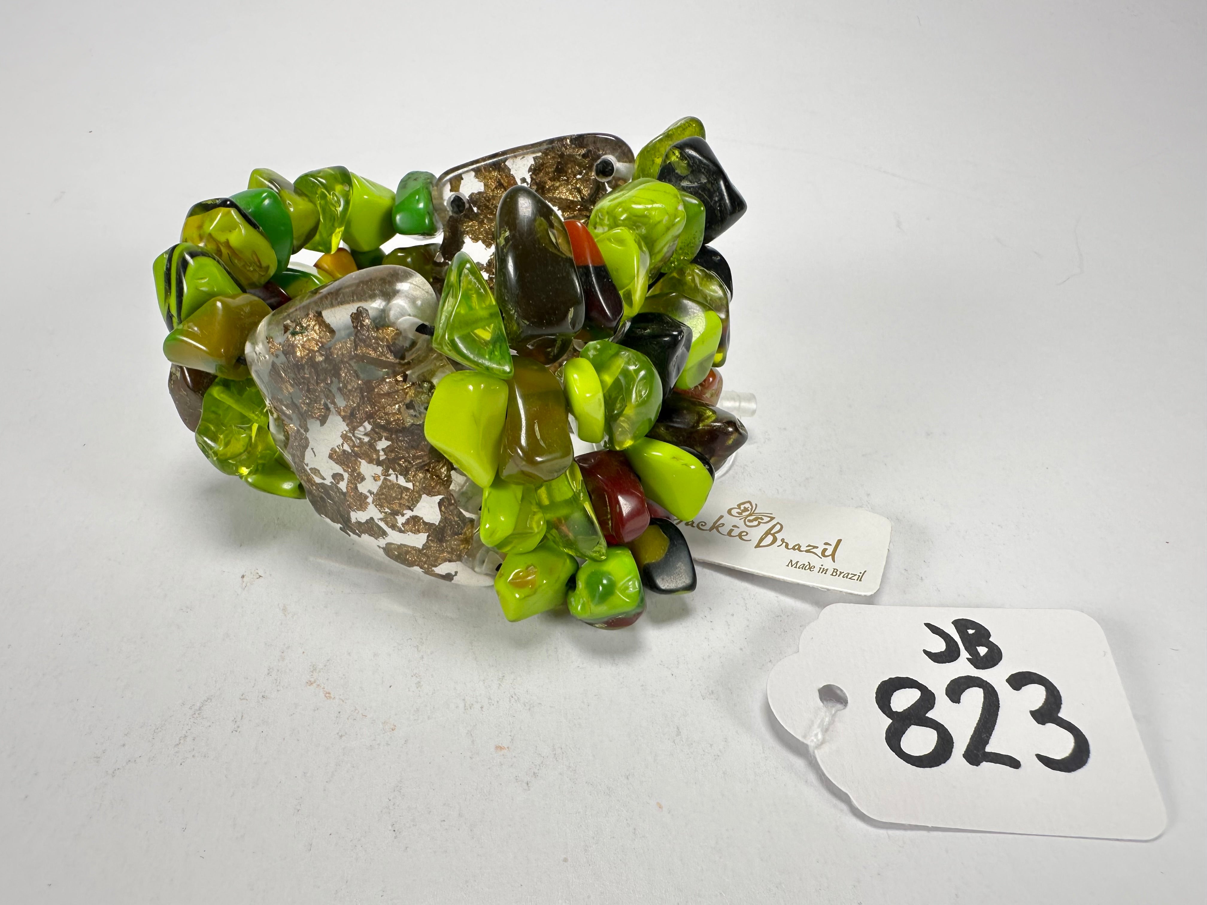 Jackie Brazil "Orient Express" 3 & 4 Beaded Strands with Leaf Pendant Green Mix Resin Bracelet ( B3544 )