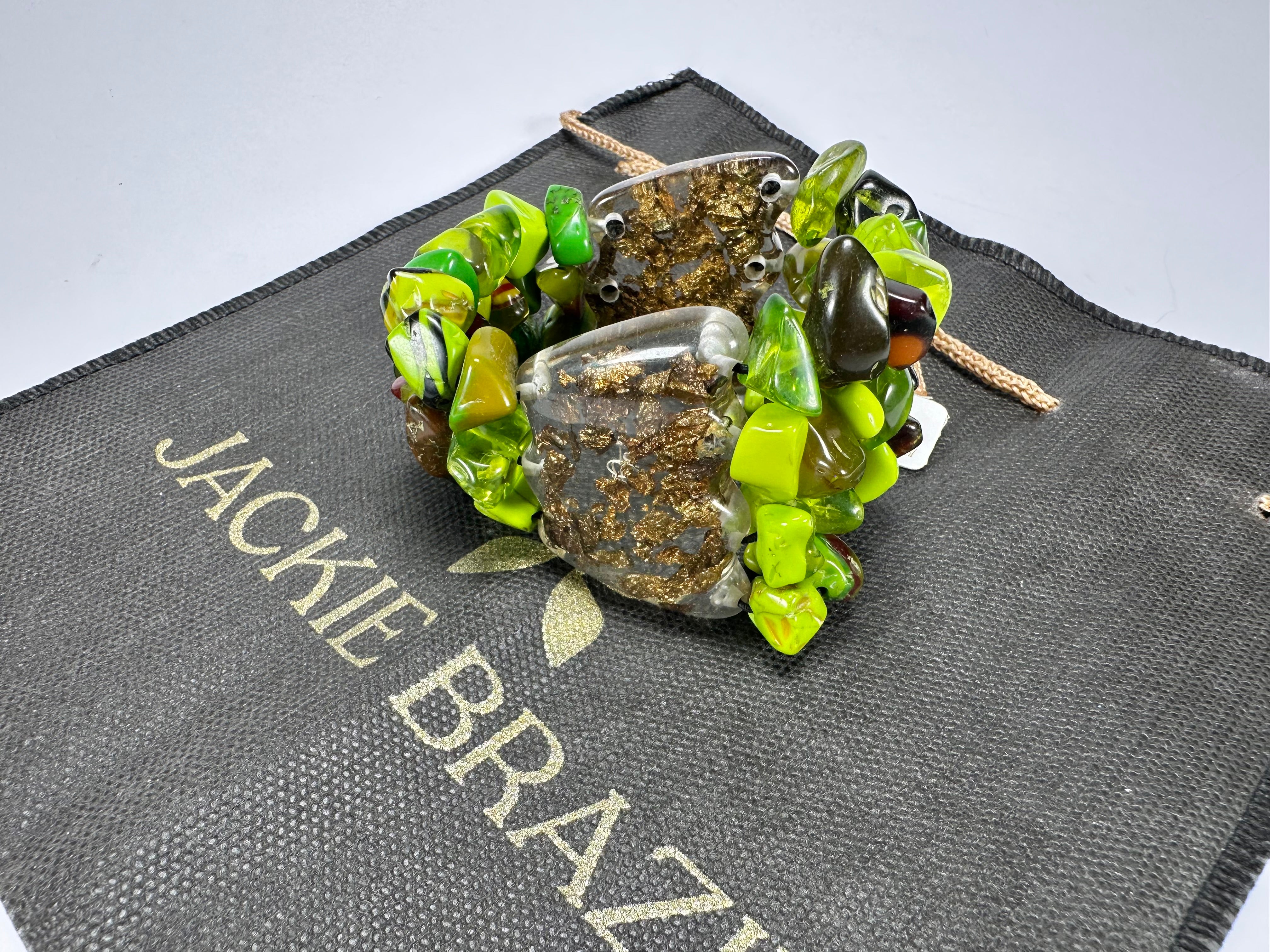 Jackie Brazil "Orient Express" 3 & 4 Beaded Strands with Leaf Pendant Green Mix Resin Bracelet ( B3544 )