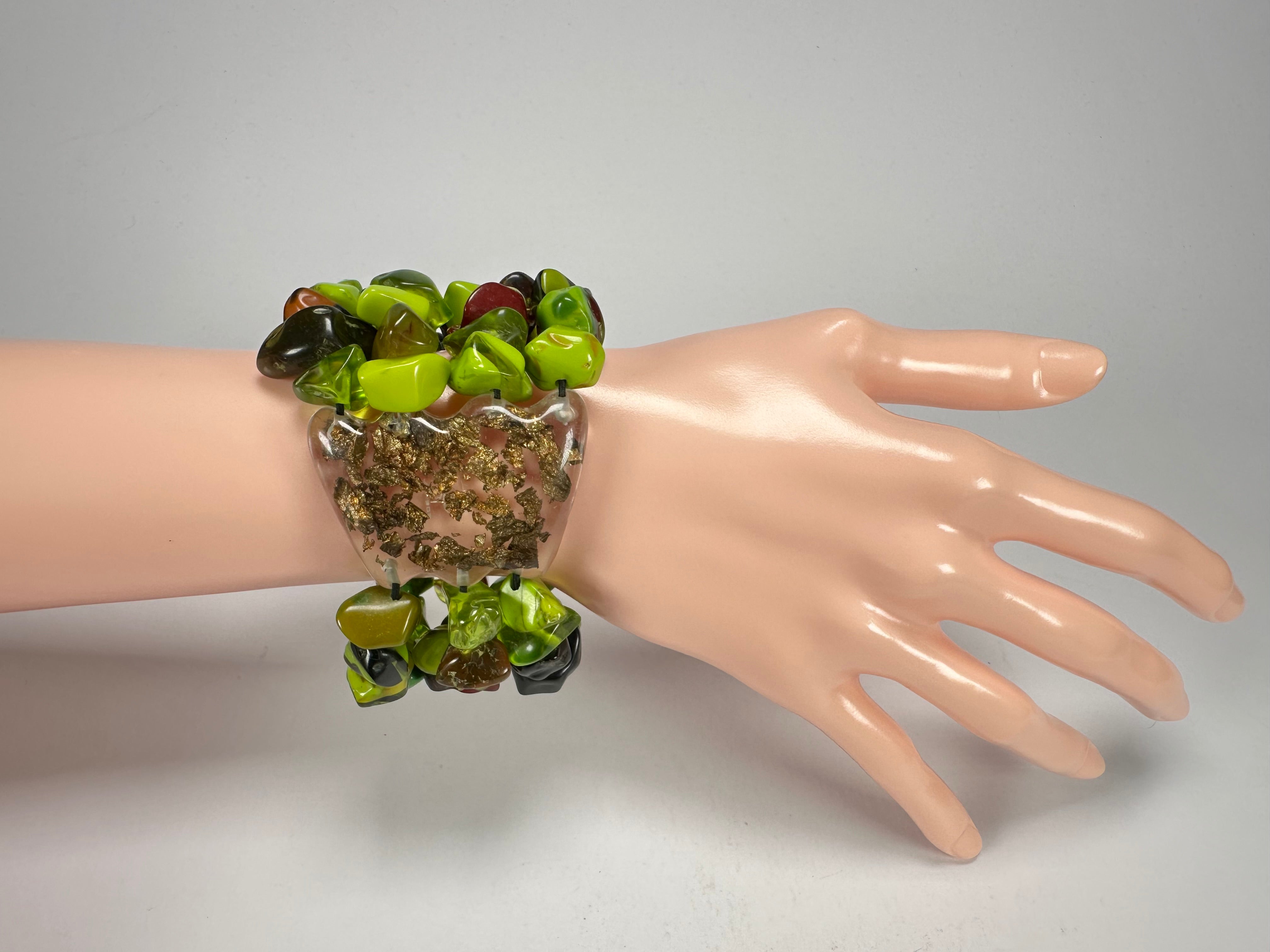 Jackie Brazil "Orient Express" 3 & 4 Beaded Strands with Leaf Pendant Green Mix Resin Bracelet ( B3544 )