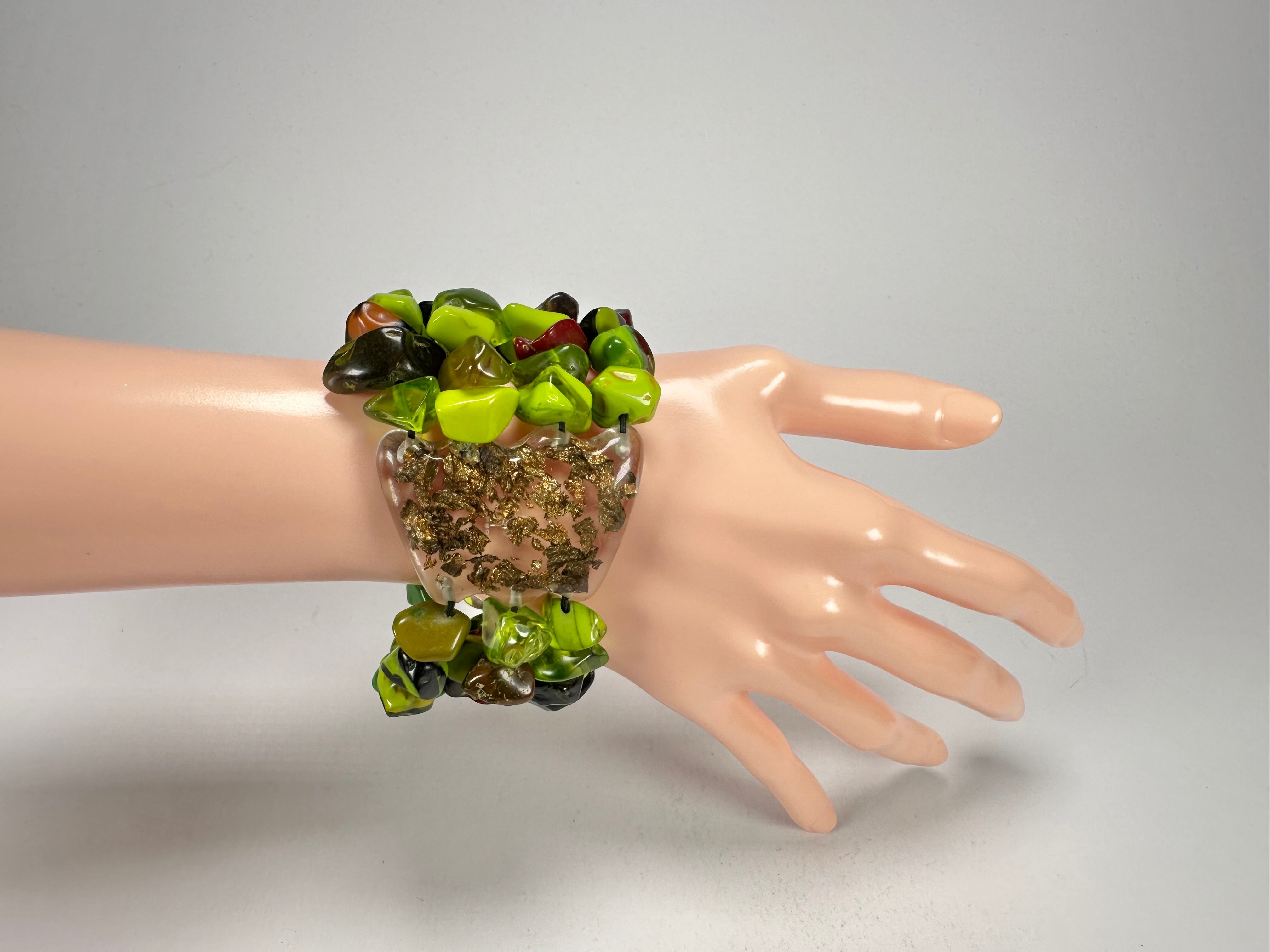 Jackie Brazil "Orient Express" 3 & 4 Beaded Strands with Leaf Pendant Green Mix Resin Bracelet ( B3544 )