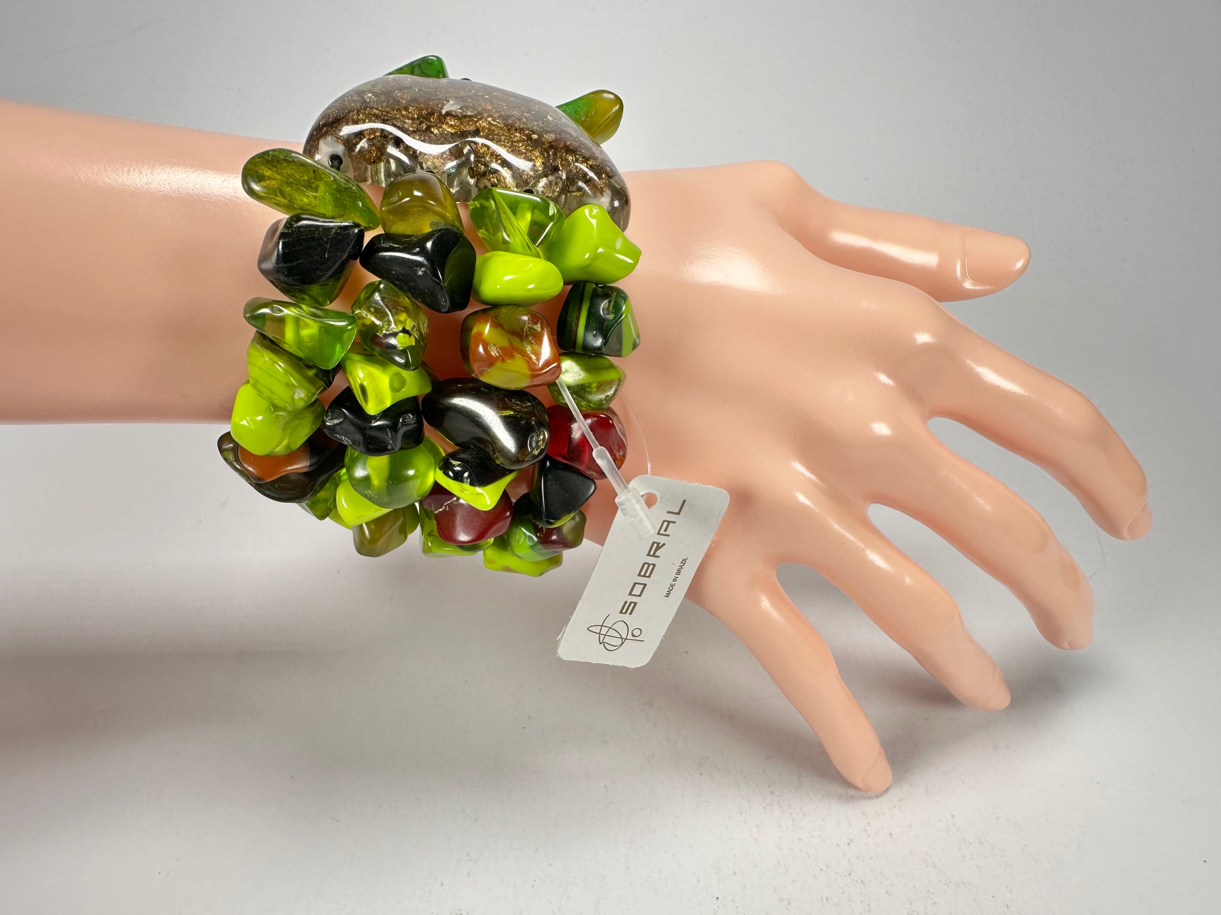 Jackie Brazil "Orient Express" 3 & 4 Beaded Strands with Leaf Pendant Green Mix Resin Bracelet ( B3544 )