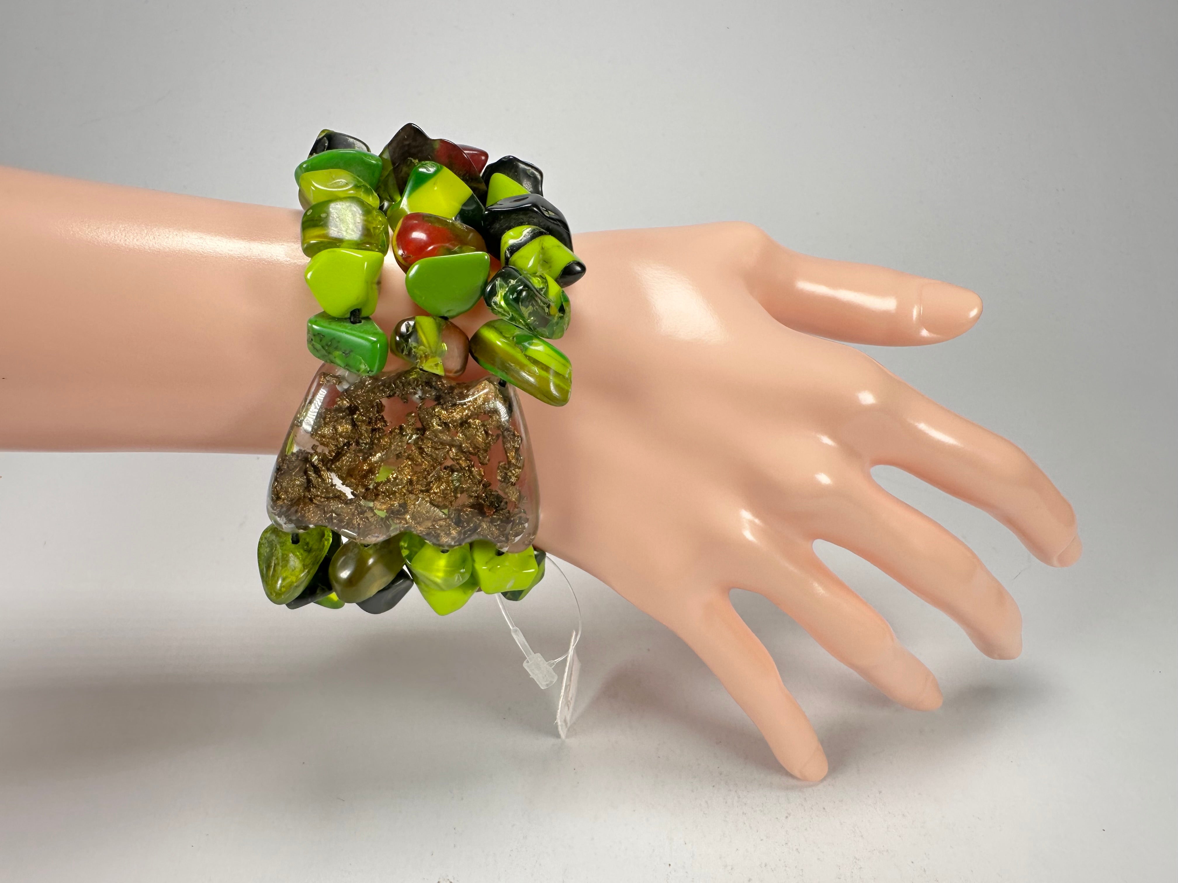 Jackie Brazil "Orient Express" 3 & 4 Beaded Strands with Leaf Pendant Green Mix Resin Bracelet ( B3544 )