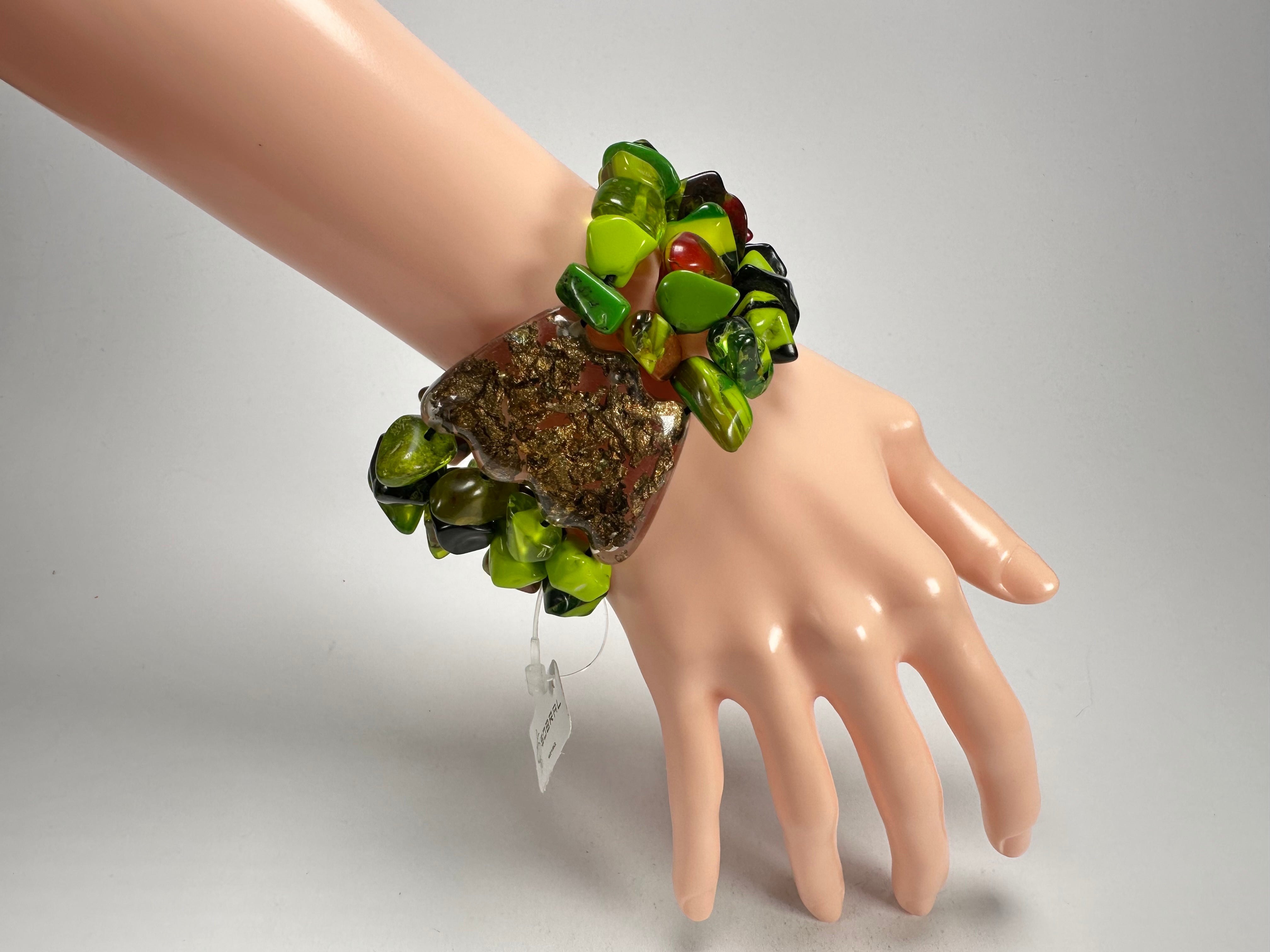 Jackie Brazil "Orient Express" 3 & 4 Beaded Strands with Leaf Pendant Green Mix Resin Bracelet ( B3544 )